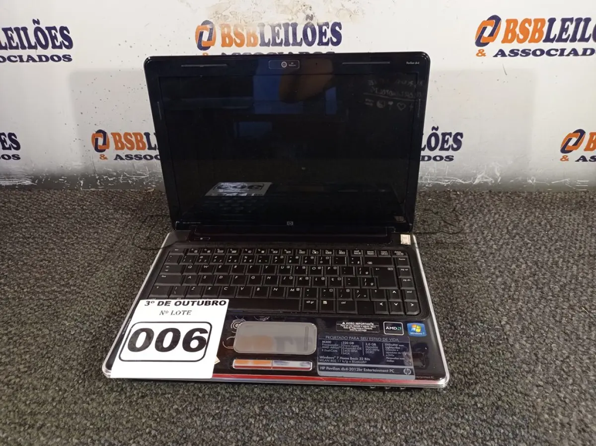 LOTE 006 - 01 NOTEBOOK MARCA HP. (NO ESTADO) ATENÇÃO! FAZER A VISITAÇÃO ANTES DE ARREMATAR, NÃO SABEMOS SE FUNCIONA. LEILÃO NÃO TEM GARANTIA E NEM DEVOLUÇÃO, SUJEITO A POSSÍVEIS AVARIAS VISÍVEIS/OCULTAS E/OU AUSÊNCIA DE COMPONENTES.