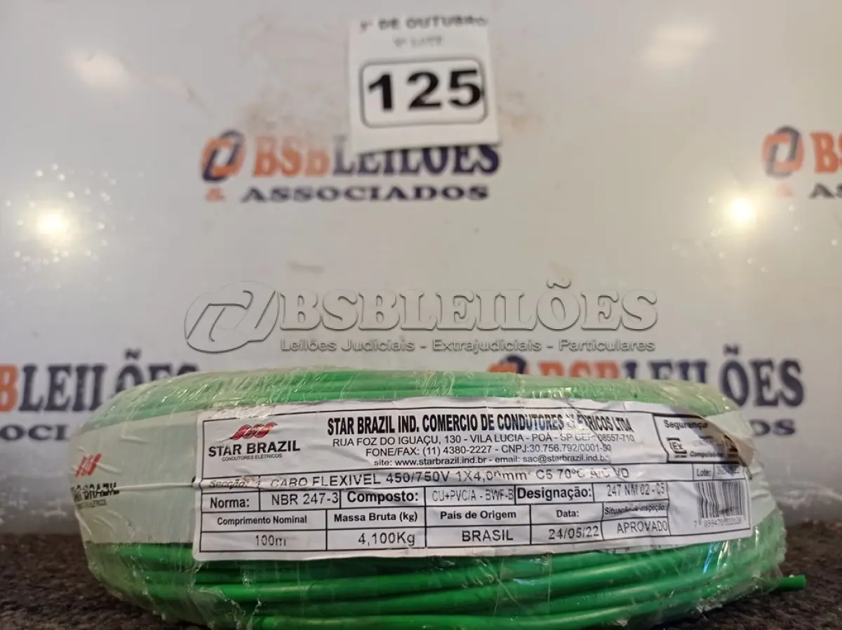 LOTE 125 - 01 ROLO DE CABO FLEXÍVEL 100M 1X 4MM NA COR VERDE(NOVO). (NO ESTADO) ATENÇÃO! FAZER A VISITAÇÃO ANTES DE ARREMATAR, NÃO SABEMOS SE FUNCIONA. LEILÃO NÃO TEM GARANTIA E NEM DEVOLUÇÃO, SUJEITO A POSSÍVEIS AVARIAS VISÍVEIS/OCULTAS E/OU AUSÊNCIA DE COMPONENTES.