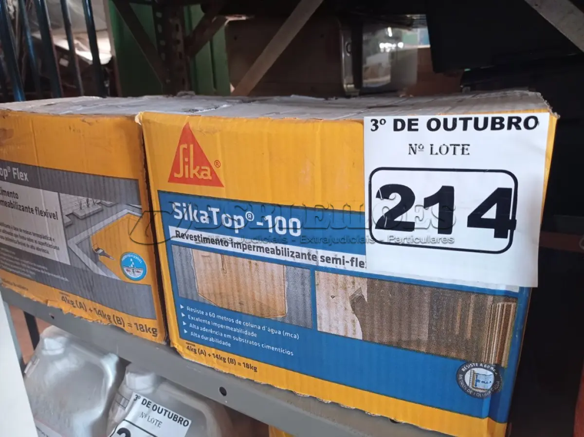 LOTE 214 - 01 CAIXA DE SIKA TOP FLEX 18KG E 01 CAIXA DE SIKA TOP-100 18KG. (NO ESTADO) ATENÇÃO! FAZER A VISITAÇÃO ANTES DE ARREMATAR, NÃO SABEMOS SE FUNCIONA. LEILÃO NÃO TEM GARANTIA E NEM DEVOLUÇÃO, SUJEITO A POSSÍVEIS AVARIAS VISÍVEIS/OCULTAS E/OU AUSÊNCIA DE COMPONENTES.