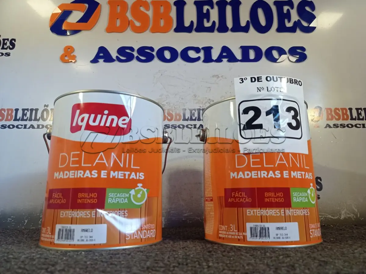 LOTE 213 - 02 GALÕES DE ESMALTE IQUINE MADEIRA E METAIS 3,6L NAS CORES AMARELO. (NO ESTADO) ATENÇÃO! FAZER A VISITAÇÃO ANTES DE ARREMATAR, NÃO SABEMOS SE FUNCIONA. LEILÃO NÃO TEM GARANTIA E NEM DEVOLUÇÃO, SUJEITO A POSSÍVEIS AVARIAS VISÍVEIS/OCULTAS E/OU AUSÊNCIA DE COMPONENTES.