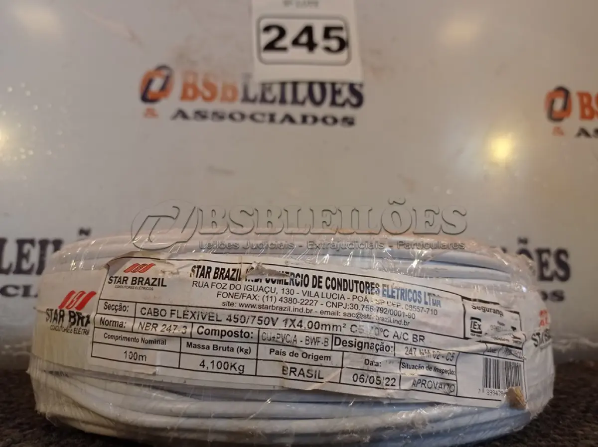 LOTE 245 - 01 ROLO DE CABO FLEXÍVEL 100M 1X 4MM NA COR BRANCA(NOVO). (NO ESTADO) ATENÇÃO! FAZER A VISITAÇÃO ANTES DE ARREMATAR, NÃO SABEMOS SE FUNCIONA. LEILÃO NÃO TEM GARANTIA E NEM DEVOLUÇÃO, SUJEITO A POSSÍVEIS AVARIAS VISÍVEIS/OCULTAS E/OU AUSÊNCIA DE COMPONENTES.