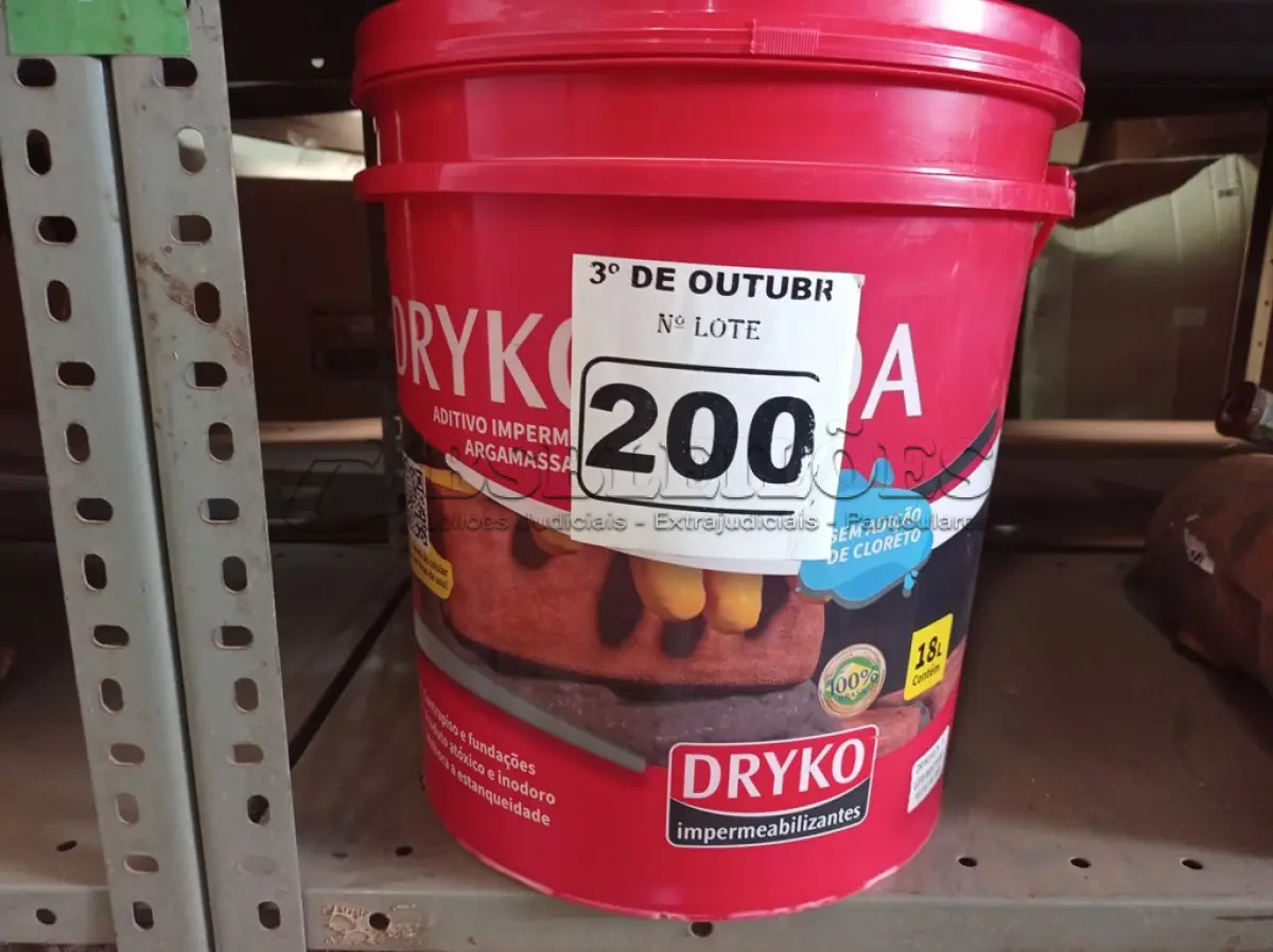 LOTE 200 - 01 BALDE DE DRYKOVEDA, ADITIVO IMPERMEABILIZANTE PARA CONCRETO E ARGAMASSA 18L. (NO ESTADO) ATENÇÃO! FAZER A VISITAÇÃO ANTES DE ARREMATAR, NÃO SABEMOS SE FUNCIONA. LEILÃO NÃO TEM GARANTIA E NEM DEVOLUÇÃO, SUJEITO A POSSÍVEIS AVARIAS VISÍVEIS/OCULTAS E/OU AUSÊNCIA DE COMPONENTES.