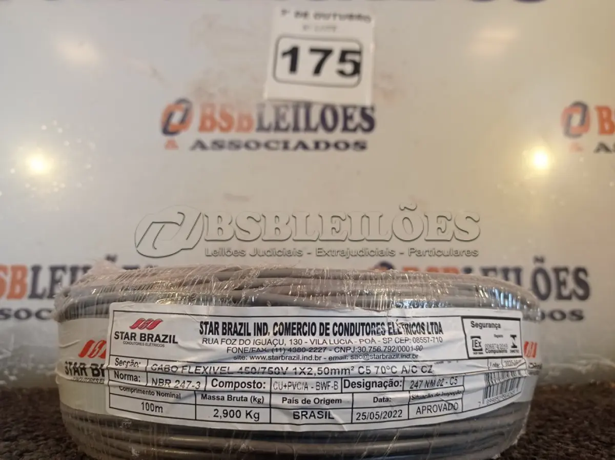 LOTE 175 - 01 ROLO DE CABO FLEXÍVEL 100M 1X 2,5MM NA COR CINZA(NOVO). (NO ESTADO) ATENÇÃO! FAZER A VISITAÇÃO ANTES DE ARREMATAR, NÃO SABEMOS SE FUNCIONA. LEILÃO NÃO TEM GARANTIA E NEM DEVOLUÇÃO, SUJEITO A POSSÍVEIS AVARIAS VISÍVEIS/OCULTAS E/OU AUSÊNCIA DE COMPONENTES.