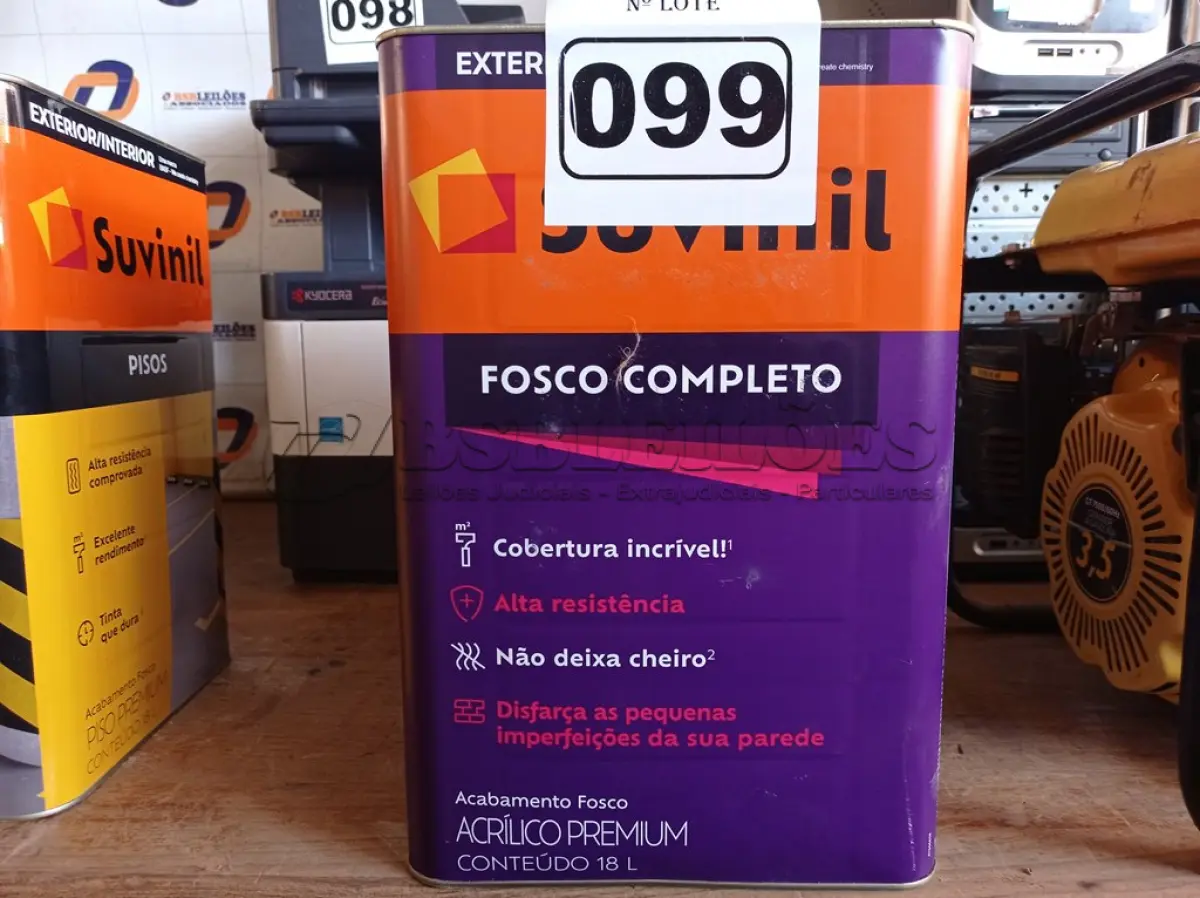 LOTE 099 - 01 LATA DE TINTA SUVINIL INTERIORES/EXTERIORES 18L NA COR FOSCO BRANCO NEVE. (NO ESTADO) ATENÇÃO! FAZER A VISITAÇÃO ANTES DE ARREMATAR, NÃO SABEMOS SE FUNCIONA. LEILÃO NÃO TEM GARANTIA E NEM DEVOLUÇÃO, SUJEITO A POSSÍVEIS AVARIAS VISÍVEIS/OCULTAS E/OU AUSÊNCIA DE COMPONENTES.