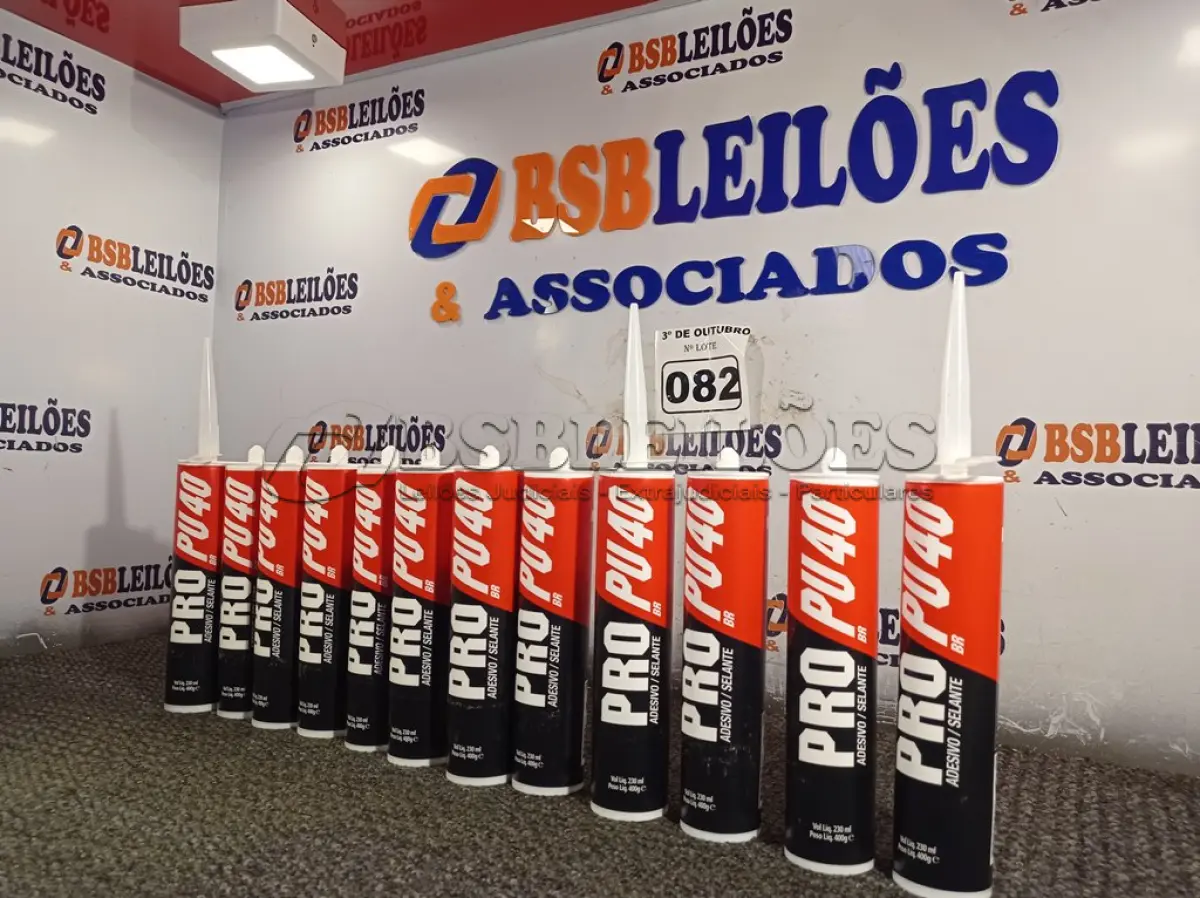 LOTE 082 - 12 TUBOS DE ADESIVO SELANTE PU40. (NO ESTADO) ATENÇÃO! FAZER A VISITAÇÃO ANTES DE ARREMATAR, NÃO SABEMOS SE FUNCIONA. LEILÃO NÃO TEM GARANTIA E NEM DEVOLUÇÃO, SUJEITO A POSSÍVEIS AVARIAS VISÍVEIS/OCULTAS E/OU AUSÊNCIA DE COMPONENTES.