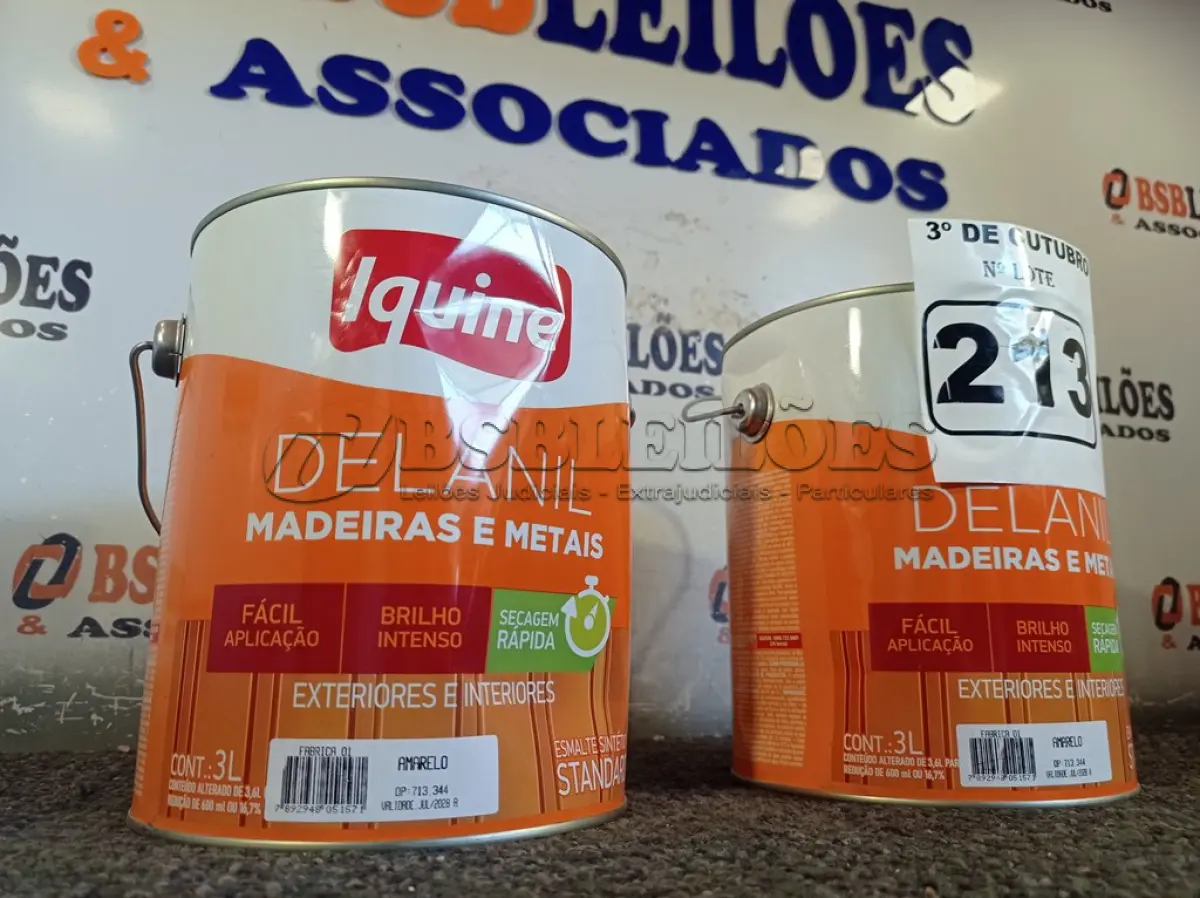 LOTE 213 - 02 GALÕES DE ESMALTE IQUINE MADEIRA E METAIS 3,6L NAS CORES AMARELO. (NO ESTADO) ATENÇÃO! FAZER A VISITAÇÃO ANTES DE ARREMATAR, NÃO SABEMOS SE FUNCIONA. LEILÃO NÃO TEM GARANTIA E NEM DEVOLUÇÃO, SUJEITO A POSSÍVEIS AVARIAS VISÍVEIS/OCULTAS E/OU AUSÊNCIA DE COMPONENTES.
