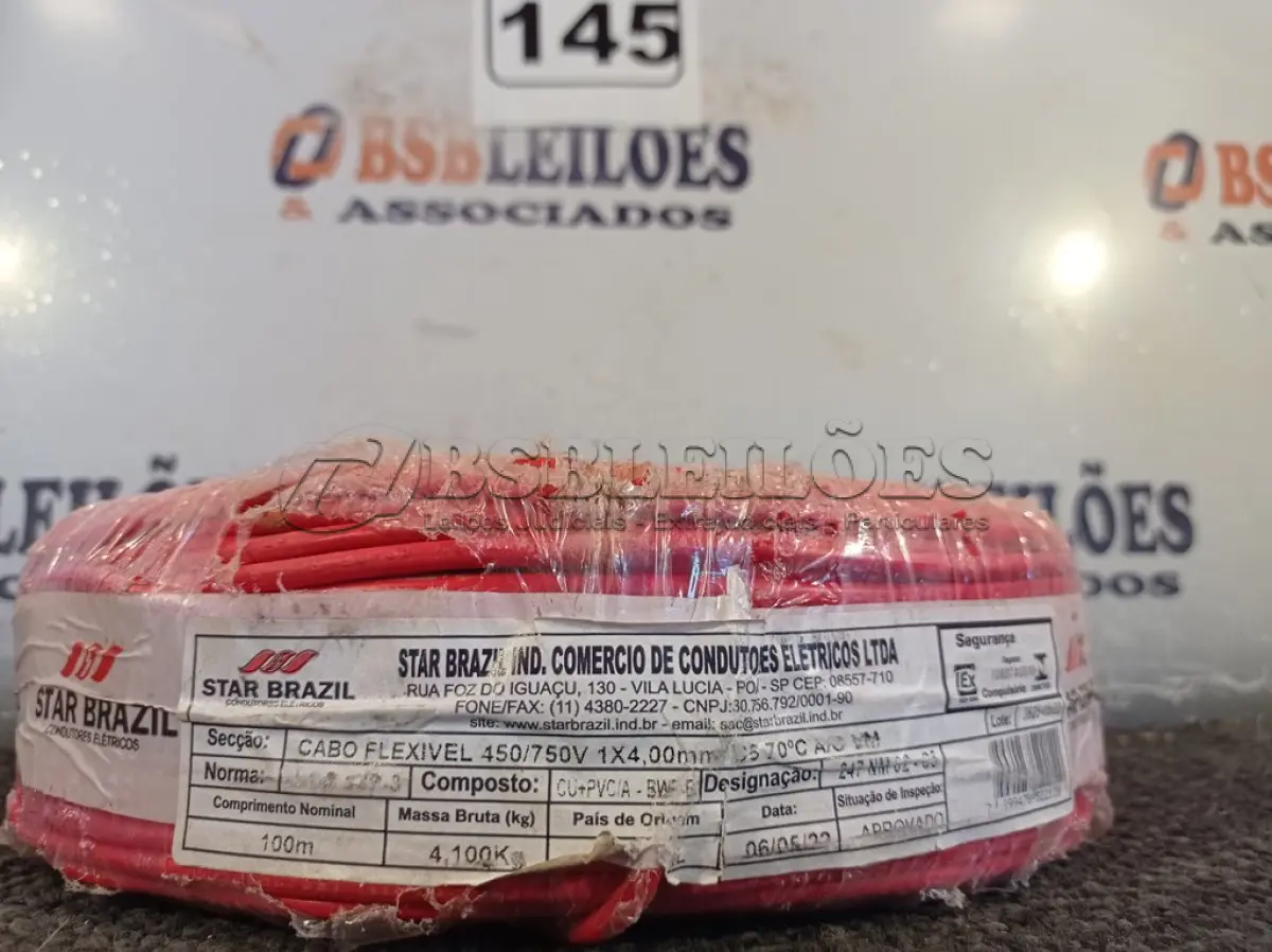 LOTE 145 - 01 ROLO DE CABO FLEXÍVEL 100M 1X 4MM NA COR VERMELHA(NOVO). (NO ESTADO) ATENÇÃO! FAZER A VISITAÇÃO ANTES DE ARREMATAR, NÃO SABEMOS SE FUNCIONA. LEILÃO NÃO TEM GARANTIA E NEM DEVOLUÇÃO, SUJEITO A POSSÍVEIS AVARIAS VISÍVEIS/OCULTAS E/OU AUSÊNCIA DE COMPONENTES.