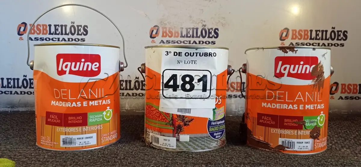 LOTE 481 - 03 GALÕES DE ESMALTE IQUINE MADEIRA E METAIS 3,6L SENDO 01 MARROM CONHAQUE, 01 MARROM TABACO E 01 MARFIM. (NO ESTADO) ATENÇÃO! FAZER A VISITAÇÃO ANTES DE ARREMATAR, NÃO SABEMOS SE FUNCIONA. LEILÃO NÃO TEM GARANTIA E NEM DEVOLUÇÃO, SUJEITO A POSSÍVEIS AVARIAS VISÍVEIS/OCULTAS E/OU AUSÊNCIA DE COMPONENTES.