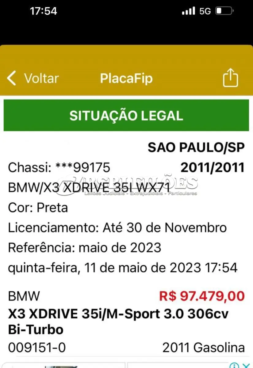 LOTE 635 - 01 I/BMW X3 XDRIVE 35I WX71,  COR PRETA, GASOLINA, ANO 2011/2011(NO ESTADO) (VISITAÇÃO AGENDAR 61-98153-0503) (VEÍCULO EM GOIÂNIA)