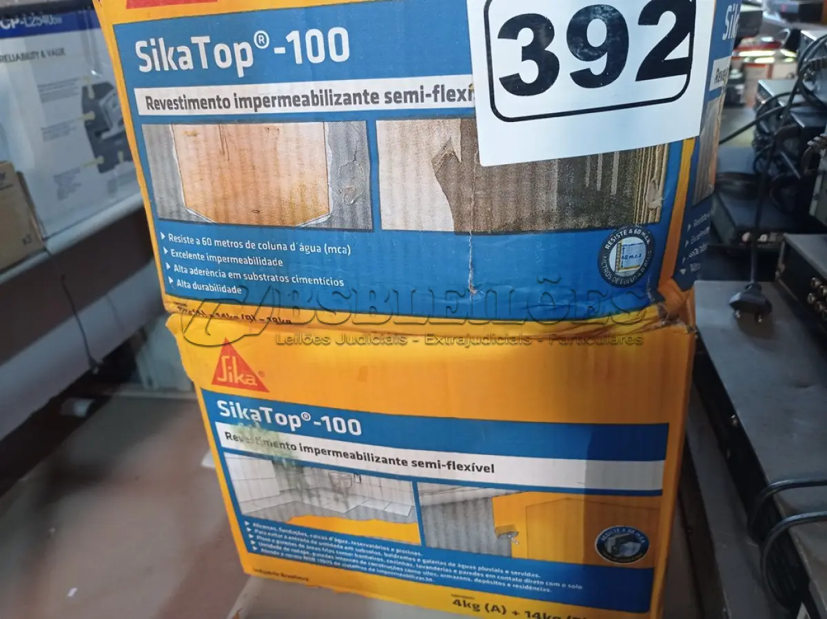 LOTE 392 - 02 CAIXAS DE SIKA TOP-100, REVESTIMENTO IMPERMEABILIZANTE SEMI-FLEXIVEL 18KG. (NO ESTADO) ATENÇÃO! FAZER A VISITAÇÃO ANTES DE ARREMATAR, NÃO SABEMOS SE FUNCIONA. LEILÃO NÃO TEM GARANTIA E NEM DEVOLUÇÃO, SUJEITO A POSSÍVEIS AVARIAS VISÍVEIS/OCULTAS E/OU AUSÊNCIA DE COMPONENTES.