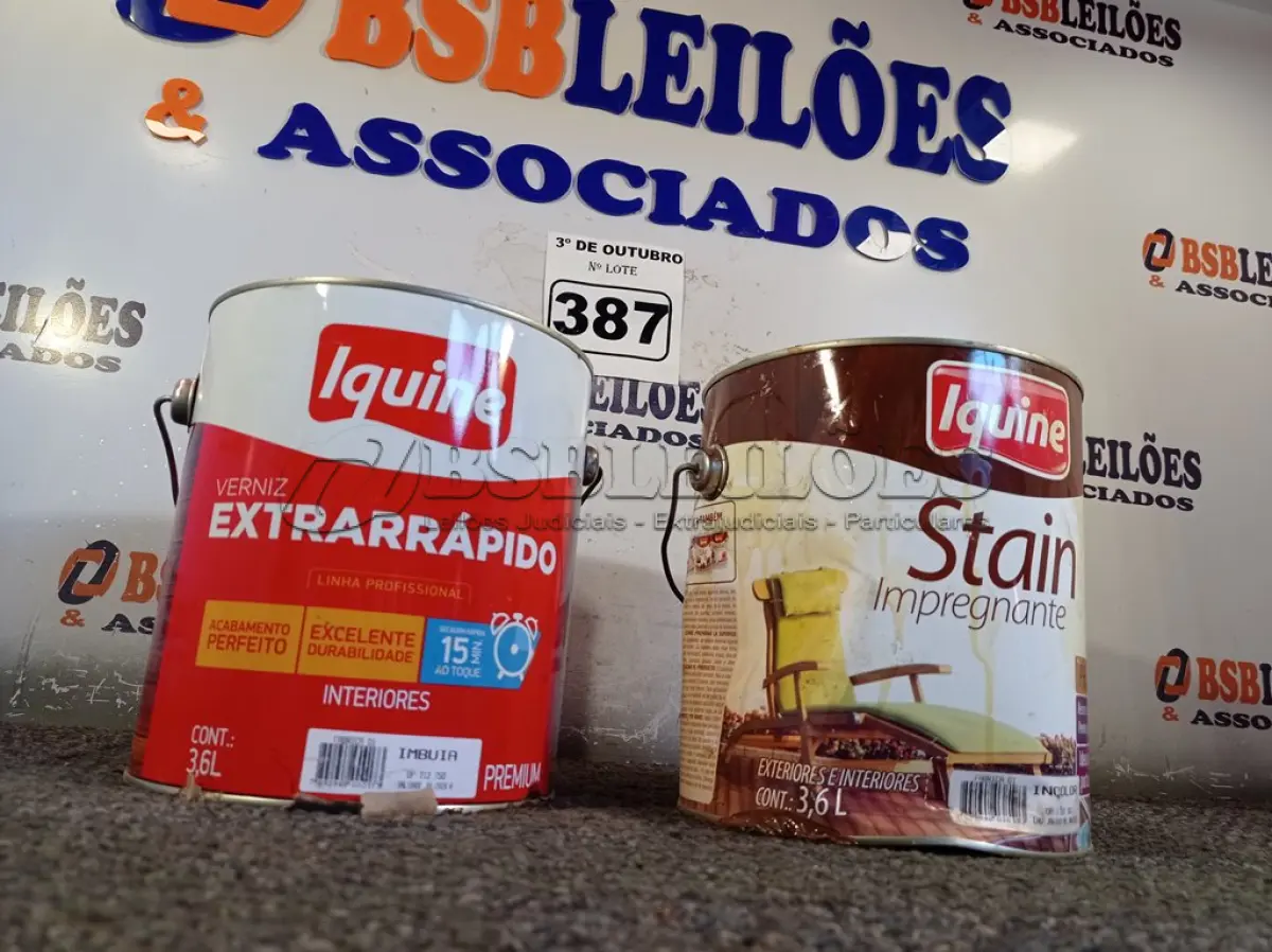 LOTE 387 - 02 GALÕES DE VERNIZ IQUINE 3,6L SENDO 01 INCOLOR E OUTRO IMBUIA. (NO ESTADO) ATENÇÃO! FAZER A VISITAÇÃO ANTES DE ARREMATAR, NÃO SABEMOS SE FUNCIONA. LEILÃO NÃO TEM GARANTIA E NEM DEVOLUÇÃO, SUJEITO A POSSÍVEIS AVARIAS VISÍVEIS/OCULTAS E/OU AUSÊNCIA DE COMPONENTES.