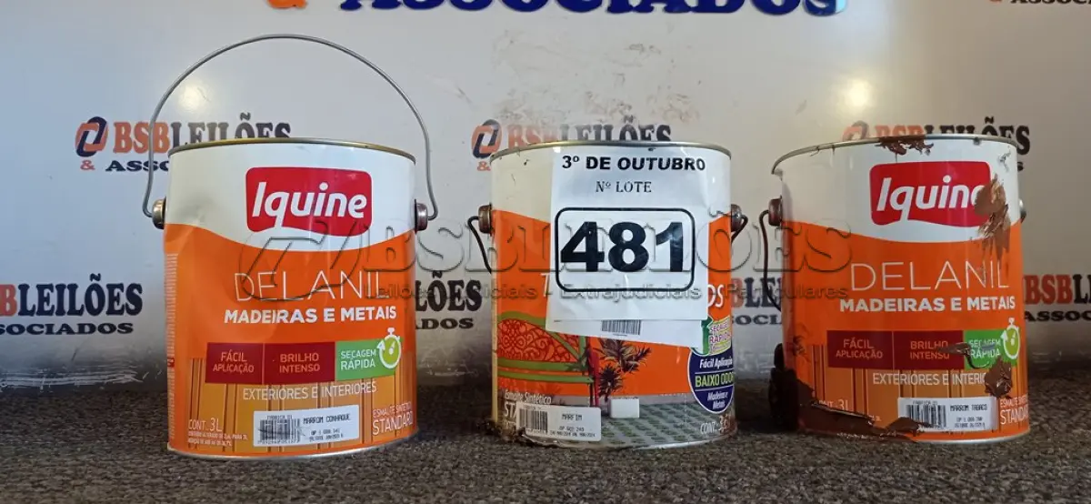 LOTE 481 - 03 GALÕES DE ESMALTE IQUINE MADEIRA E METAIS 3,6L SENDO 01 MARROM CONHAQUE, 01 MARROM TABACO E 01 MARFIM. (NO ESTADO) ATENÇÃO! FAZER A VISITAÇÃO ANTES DE ARREMATAR, NÃO SABEMOS SE FUNCIONA. LEILÃO NÃO TEM GARANTIA E NEM DEVOLUÇÃO, SUJEITO A POSSÍVEIS AVARIAS VISÍVEIS/OCULTAS E/OU AUSÊNCIA DE COMPONENTES.