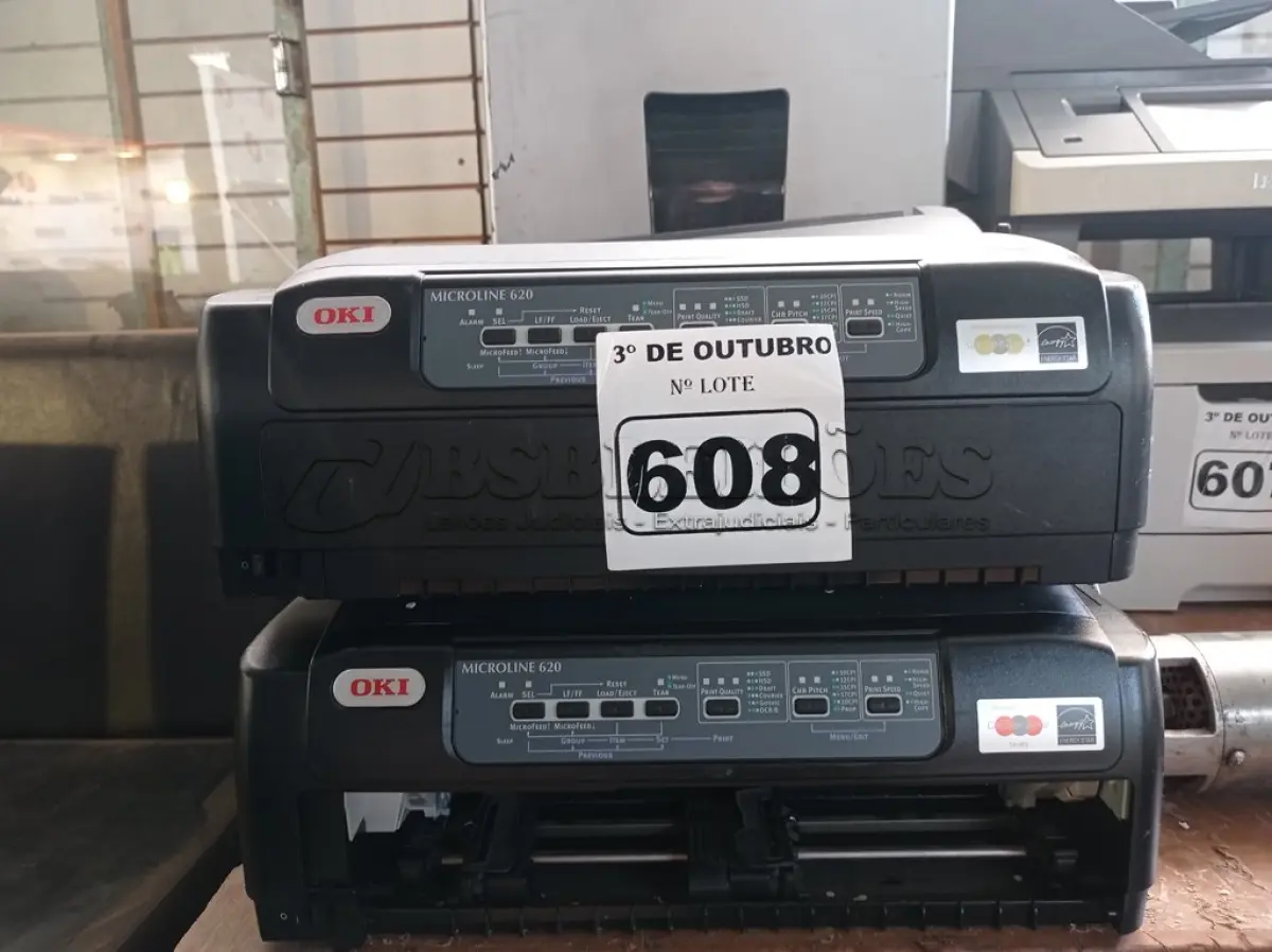 LOTE 608 - 02 IMPRESSORAS MATRICIAIS OKI MICROLINE 620. (NO ESTADO) ATENÇÃO! FAZER A VISITAÇÃO ANTES DE ARREMATAR, NÃO SABEMOS SE FUNCIONA. LEILÃO NÃO TEM GARANTIA E NEM DEVOLUÇÃO, SUJEITO A POSSÍVEIS AVARIAS VISÍVEIS/OCULTAS E/OU AUSÊNCIA DE COMPONENTES.