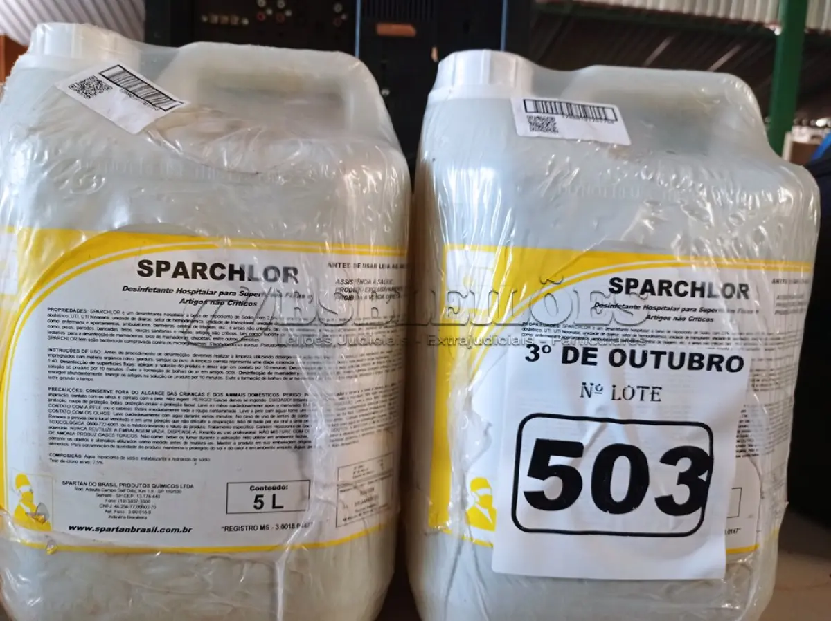 LOTE 503 - 20 LITROS DE DESINFETANTE HOSPITALAR PARA SUPERFÍCIES FIXAS E ARTIGOS NÃO CRÍTICOS. (NO ESTADO) ATENÇÃO! FAZER A VISITAÇÃO ANTES DE ARREMATAR, NÃO SABEMOS SE FUNCIONA. LEILÃO NÃO TEM GARANTIA E NEM DEVOLUÇÃO, SUJEITO A POSSÍVEIS AVARIAS VISÍVEIS/OCULTAS E/OU AUSÊNCIA DE COMPONENTES.