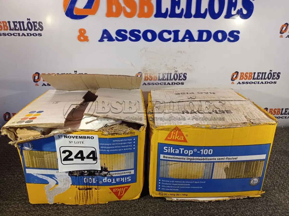 LOTE 244 - 02 CAIXAS DE SIKA TOP-100, REVESTIMENTO IMPERMEABILIZANTE SEMI-FLEXIVEL 18KG. (NO ESTADO) ATENÇÃO! FAZER A VISITAÇÃO ANTES DE ARREMATAR, NÃO SABEMOS SE FUNCIONA. LEILÃO NÃO TEM GARANTIA E NEM DEVOLUÇÃO, SUJEITO A POSSÍVEIS AVARIAS VISÍVEIS/OCULTAS E/OU AUSÊNCIA DE COMPONENTES.