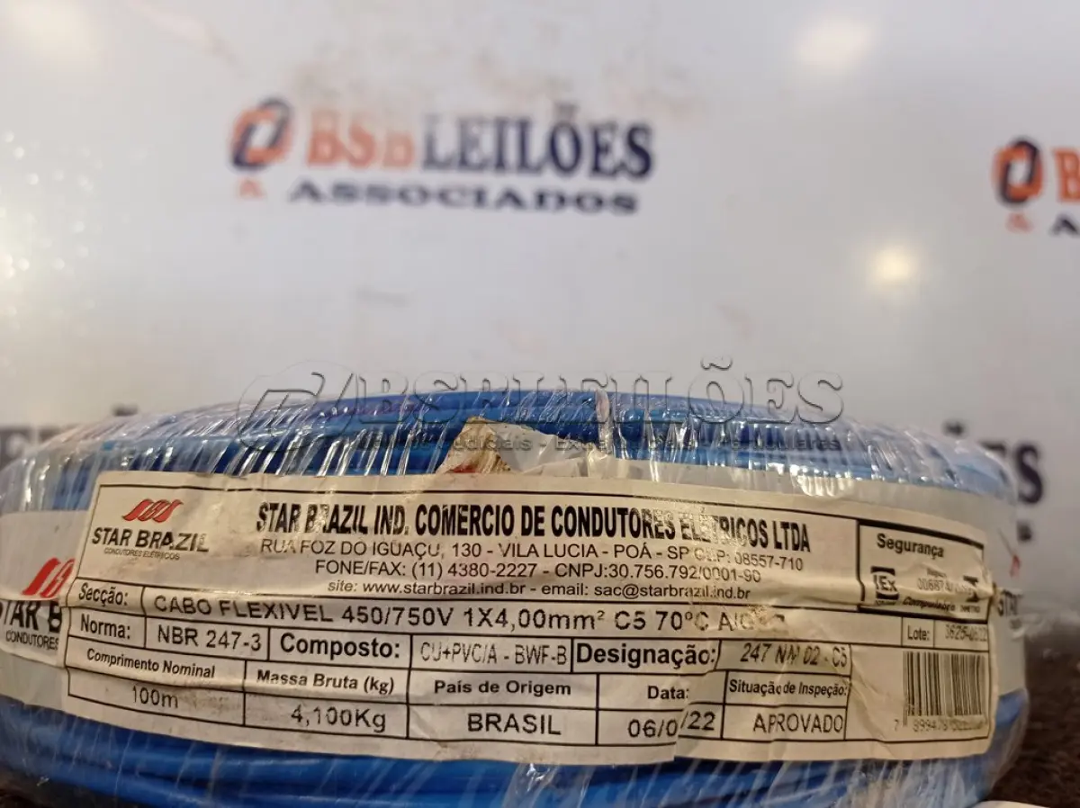 LOTE 110 - 01 ROLO DE CABO FLEXÍVEL 100M 1X4MM NA COR AZUL(NOVO). (NO ESTADO) ATENÇÃO! FAZER A VISITAÇÃO ANTES DE ARREMATAR, NÃO SABEMOS SE FUNCIONA. LEILÃO NÃO TEM GARANTIA E NEM DEVOLUÇÃO, SUJEITO A POSSÍVEIS AVARIAS VISÍVEIS/OCULTAS E/OU AUSÊNCIA DE COMPONENTES.