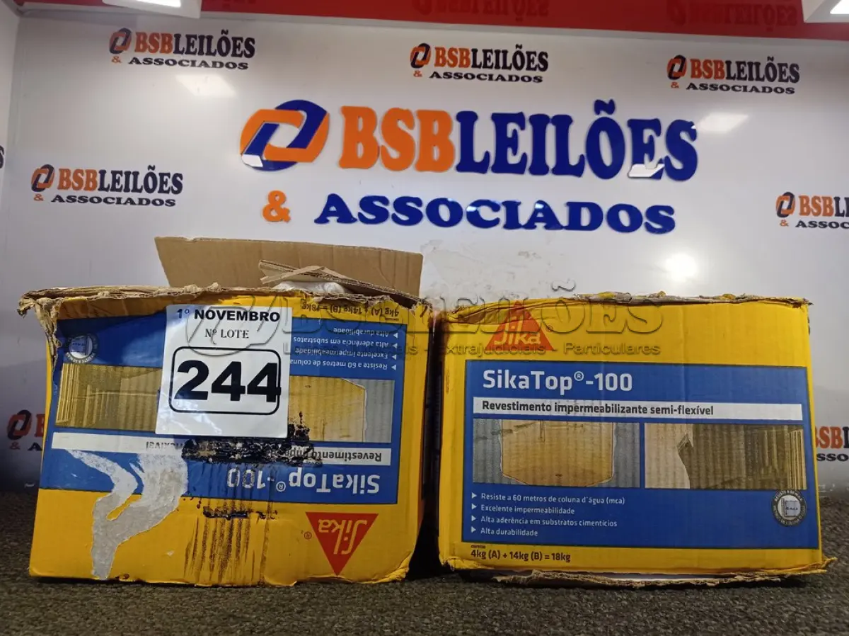 LOTE 244 - 02 CAIXAS DE SIKA TOP-100, REVESTIMENTO IMPERMEABILIZANTE SEMI-FLEXIVEL 18KG. (NO ESTADO) ATENÇÃO! FAZER A VISITAÇÃO ANTES DE ARREMATAR, NÃO SABEMOS SE FUNCIONA. LEILÃO NÃO TEM GARANTIA E NEM DEVOLUÇÃO, SUJEITO A POSSÍVEIS AVARIAS VISÍVEIS/OCULTAS E/OU AUSÊNCIA DE COMPONENTES.
