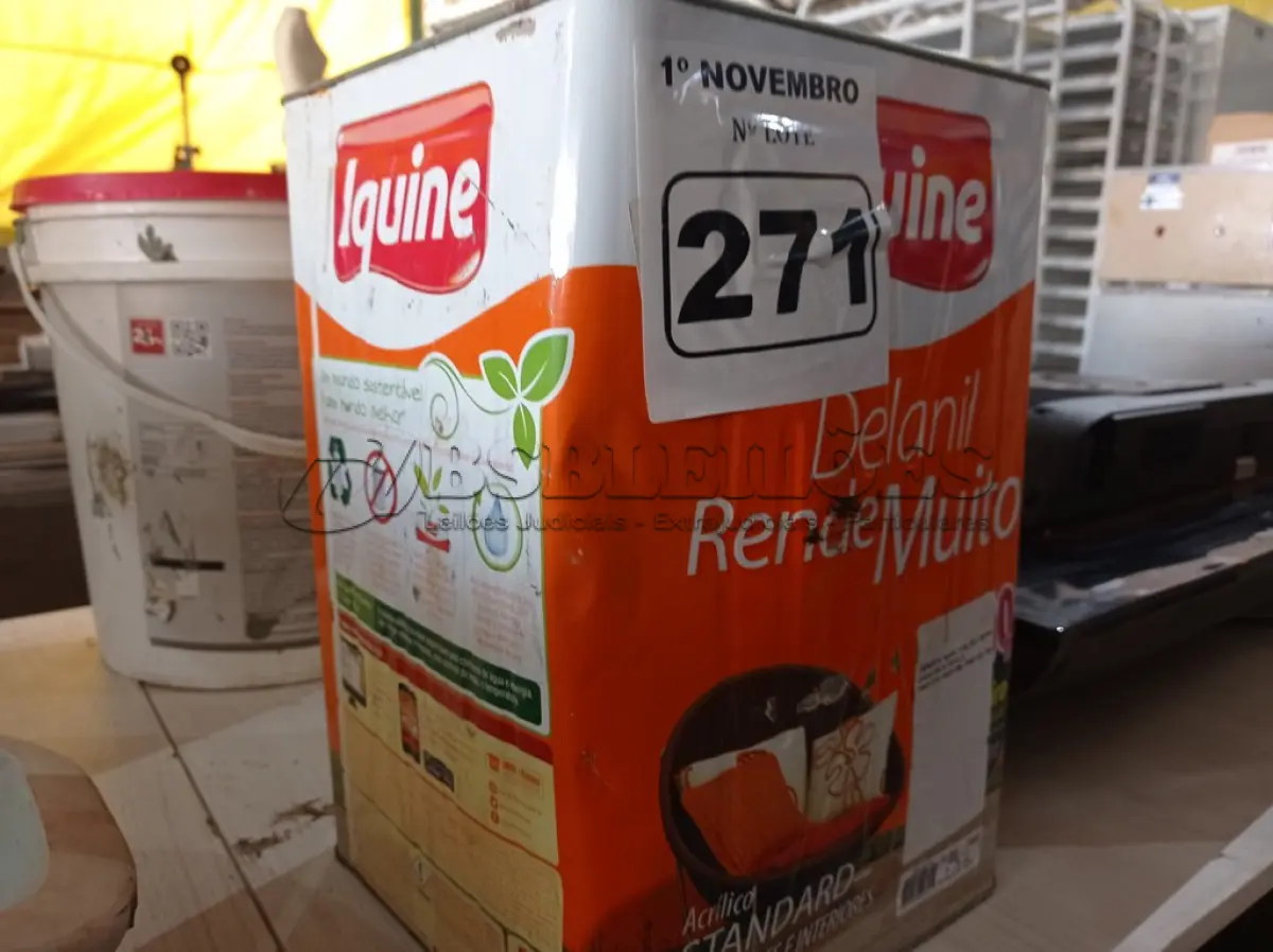 LOTE 271 - 01 LATA DE TINTA IQUINE INTERIORES/EXTERIORES DELANIL RENDE MUITO FOSCO BASE “M”. (NO ESTADO) ATENÇÃO! FAZER A VISITAÇÃO ANTES DE ARREMATAR, NÃO SABEMOS SE FUNCIONA. LEILÃO NÃO TEM GARANTIA E NEM DEVOLUÇÃO, SUJEITO A POSSÍVEIS AVARIAS VISÍVEIS/OCULTAS E/OU AUSÊNCIA DE COMPONENTES.