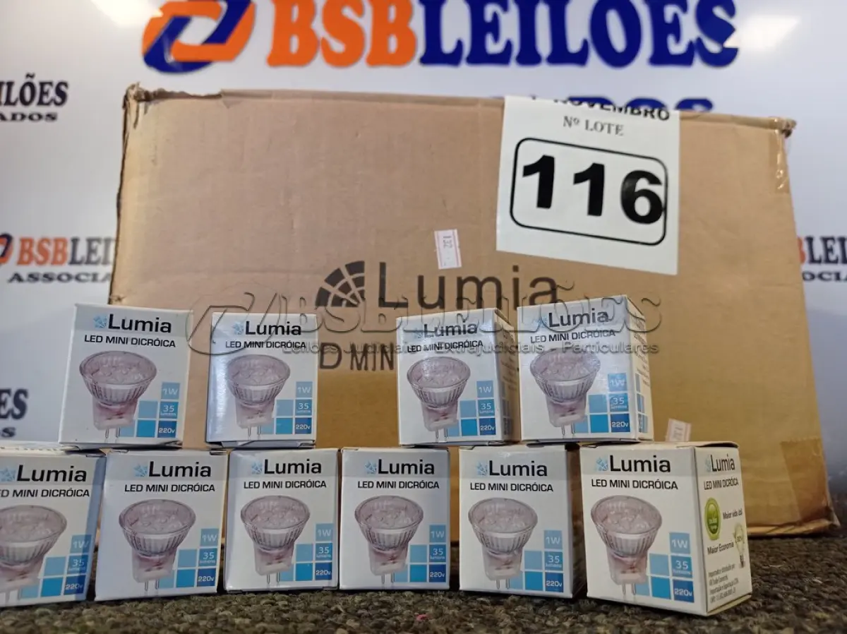 LOTE 116 - 01 LOTE COM APROXIMADAMENTE 80 LÂMPADAS DICROICA 1W 220V. (NO ESTADO) ATENÇÃO! FAZER A VISITAÇÃO ANTES DE ARREMATAR, NÃO SABEMOS SE FUNCIONA. LEILÃO NÃO TEM GARANTIA E NEM DEVOLUÇÃO, SUJEITO A POSSÍVEIS AVARIAS VISÍVEIS/OCULTAS E/OU AUSÊNCIA DE COMPONENTES.