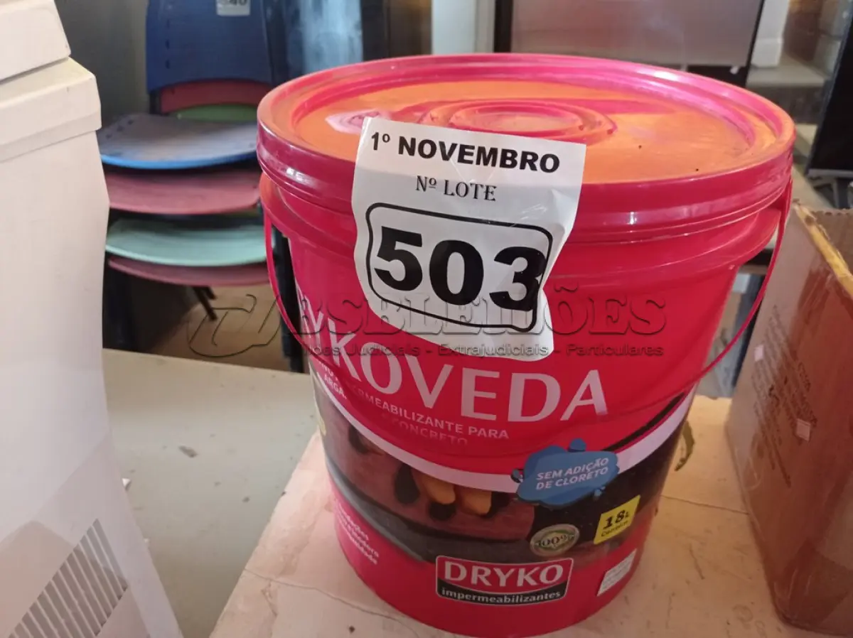 LOTE 503 - 01 BALDE DE DRYKOVEDA, ADITIVO IMPERMEABILIZANTE PARA ARGAMASSA E CONCRETO 18L. (NO ESTADO) ATENÇÃO! FAZER A VISITAÇÃO ANTES DE ARREMATAR, NÃO SABEMOS SE FUNCIONA. LEILÃO NÃO TEM GARANTIA E NEM DEVOLUÇÃO, SUJEITO A POSSÍVEIS AVARIAS VISÍVEIS/OCULTAS E/OU AUSÊNCIA DE COMPONENTES.