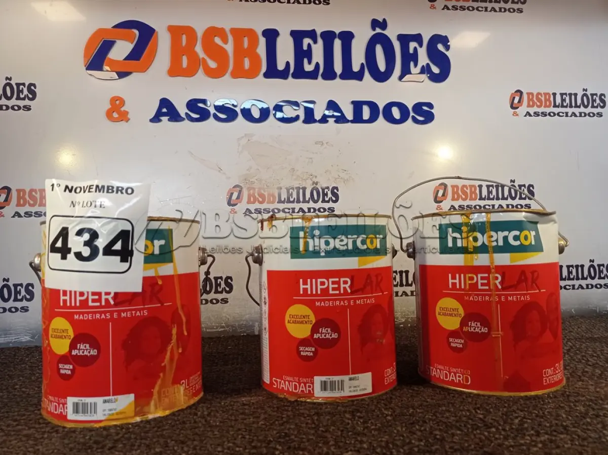 LOTE 434 - 03 GALÕES DE ESMALTE SINTÉTICO HIPERCOR 3L NA COR AMARELO. (NO ESTADO) ATENÇÃO! FAZER A VISITAÇÃO ANTES DE ARREMATAR, NÃO SABEMOS SE FUNCIONA. LEILÃO NÃO TEM GARANTIA E NEM DEVOLUÇÃO, SUJEITO A POSSÍVEIS AVARIAS VISÍVEIS/OCULTAS E/OU AUSÊNCIA DE COMPONENTES.