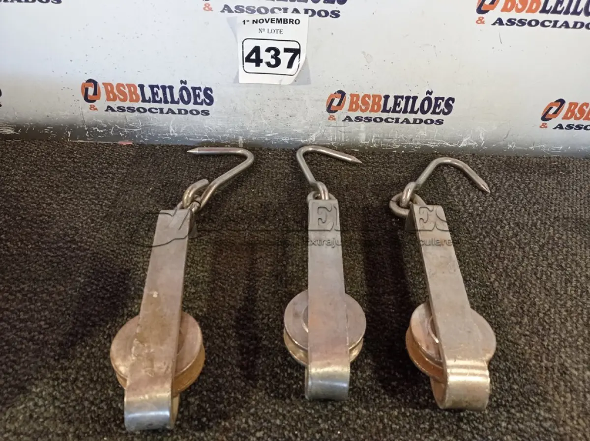 LOTE 437 - 02 GANCHEIRAS COM ROLDANAS EM AÇO INOX. (NO ESTADO) ATENÇÃO! FAZER A VISITAÇÃO ANTES DE ARREMATAR, NÃO SABEMOS SE FUNCIONA. LEILÃO NÃO TEM GARANTIA E NEM DEVOLUÇÃO, SUJEITO A POSSÍVEIS AVARIAS VISÍVEIS/OCULTAS E/OU AUSÊNCIA DE COMPONENTES.