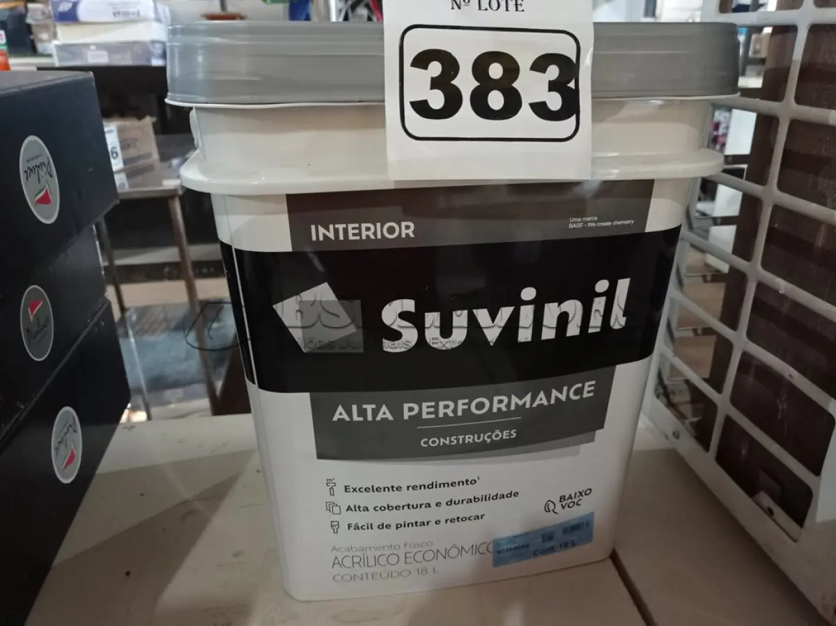 LOTE 383 - 01 BALDE DE TINTA SUVINIL 18L FOSCO BRANCO. (NO ESTADO) ATENÇÃO! FAZER A VISITAÇÃO ANTES DE ARREMATAR, NÃO SABEMOS SE FUNCIONA. LEILÃO NÃO TEM GARANTIA E NEM DEVOLUÇÃO, SUJEITO A POSSÍVEIS AVARIAS VISÍVEIS/OCULTAS E/OU AUSÊNCIA DE COMPONENTES.