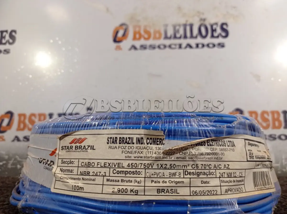 LOTE 240 - 01 ROLO DE CABO FLEXÍVEL 100M 1X2,5MM NA COR AZUL(NOVO). (NO ESTADO) ATENÇÃO! FAZER A VISITAÇÃO ANTES DE ARREMATAR, NÃO SABEMOS SE FUNCIONA. LEILÃO NÃO TEM GARANTIA E NEM DEVOLUÇÃO, SUJEITO A POSSÍVEIS AVARIAS VISÍVEIS/OCULTAS E/OU AUSÊNCIA DE COMPONENTES.
