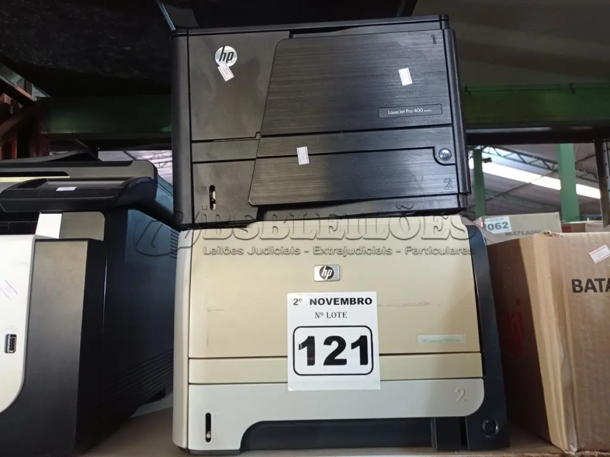 LOTE 121 - 02 IMPRESSORAS MARCAS HP MODELOS LASER JET PRO 400/LASER JET P2055DN. (NO ESTADO) ATENÇÃO! FAZER A VISITAÇÃO ANTES DE ARREMATAR, NÃO SABEMOS SE FUNCIONA. LEILÃO NÃO TEM GARANTIA E NEM DEVOLUÇÃO, SUJEITO A POSSÍVEIS AVARIAS VISÍVEIS/OCULTAS E/OU AUSÊNCIA DE COMPONENTES.