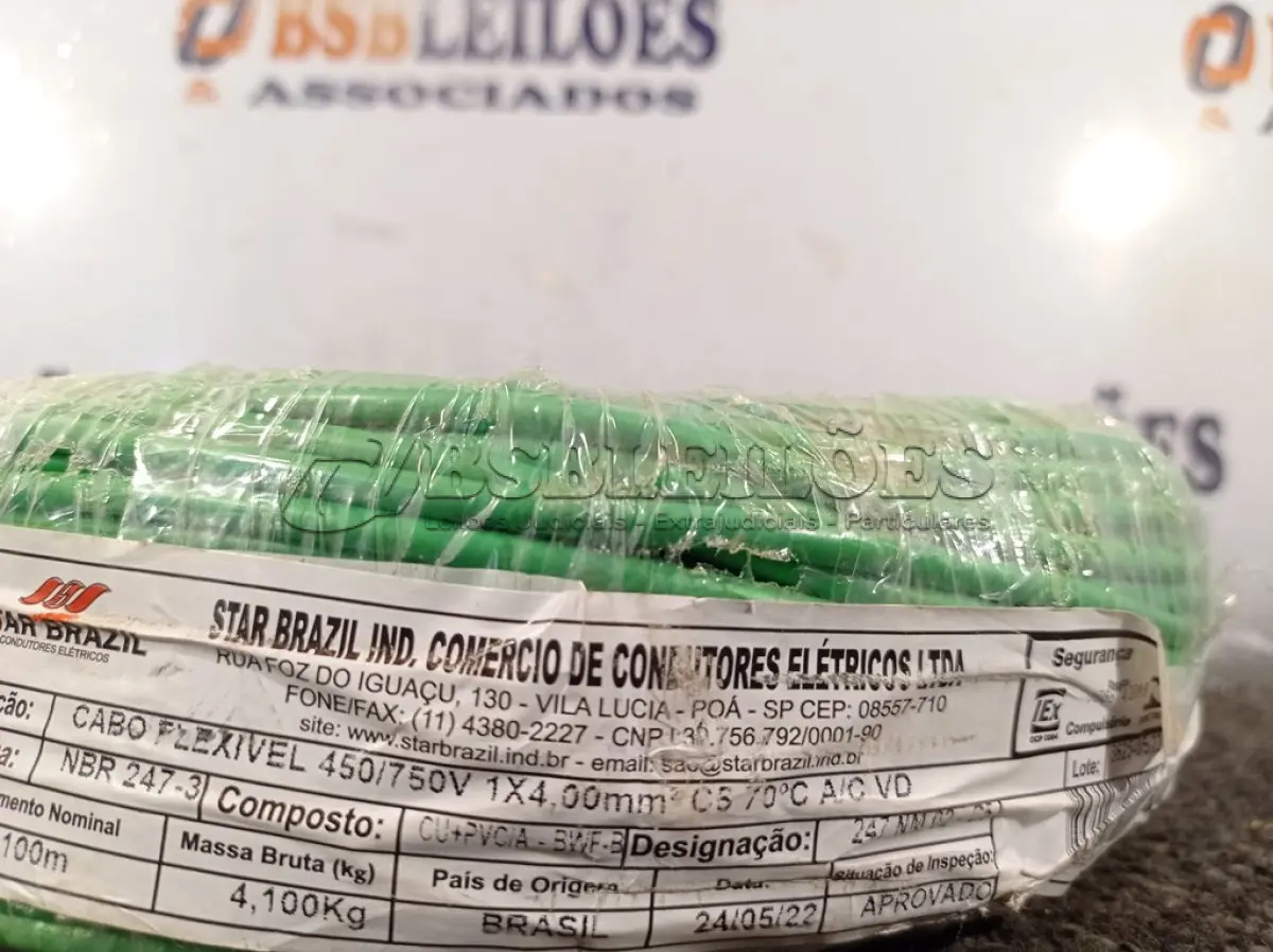 LOTE 120 - 01 ROLO DE CABO FLEXÍVEL 100M 1X4MM NA COR VERDE(NOVO). (NO ESTADO) ATENÇÃO! FAZER A VISITAÇÃO ANTES DE ARREMATAR, NÃO SABEMOS SE FUNCIONA. LEILÃO NÃO TEM GARANTIA E NEM DEVOLUÇÃO, SUJEITO A POSSÍVEIS AVARIAS VISÍVEIS/OCULTAS E/OU AUSÊNCIA DE COMPONENTES.