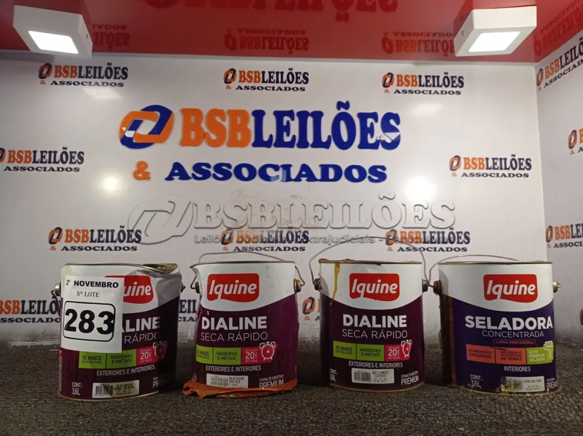 LOTE 283 - 02 GALÕES DE ESMALTE SINTÉTICO IQUINE MADEIRA E METAIS ALTO BRILHO VERDE COLONIAL 3,6L, 01 GALÃO DE SELADOR INCOLOR E 01 GALÃO DE ESMALTE BRILHANTE ALUMÍNIO. (NO ESTADO) ATENÇÃO! FAZER A VISITAÇÃO ANTES DE ARREMATAR, NÃO SABEMOS SE FUNCIONA. LEILÃO NÃO TEM GARANTIA E NEM DEVOLUÇÃO, SUJEITO A POSSÍVEIS AVARIAS VISÍVEIS/OCULTAS E/OU AUSÊNCIA DE COMPONENTES.