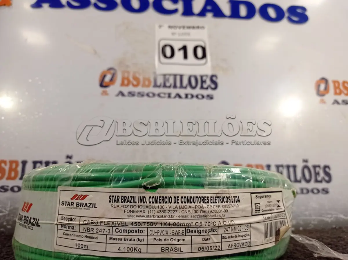 LOTE 010 - 01 ROLO DE CABO FLEXÍVEL 100M 1X4MM NA COR VERDE(NOVO). (NO ESTADO) ATENÇÃO! FAZER A VISITAÇÃO ANTES DE ARREMATAR, NÃO SABEMOS SE FUNCIONA. LEILÃO NÃO TEM GARANTIA E NEM DEVOLUÇÃO, SUJEITO A POSSÍVEIS AVARIAS VISÍVEIS/OCULTAS E/OU AUSÊNCIA DE COMPONENTES.