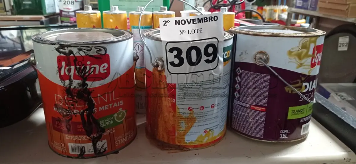 LOTE 309 - 03 GALÕES DE ESMALTE SINTÉTICO IQUINE 3,6L CORES: PRETO/AMARELO/ALUMÍNIO E 06 TUBOS DE SIKA FLEX, SELANTE PARA JUNTAS DE MOVIMENTAÇÃO E CONEXÃO. (NO ESTADO) ATENÇÃO! FAZER A VISITAÇÃO ANTES DE ARREMATAR, NÃO SABEMOS SE FUNCIONA. LEILÃO NÃO TEM GARANTIA E NEM DEVOLUÇÃO, SUJEITO A POSSÍVEIS AVARIAS VISÍVEIS/OCULTAS E/OU AUSÊNCIA DE COMPONENTES.