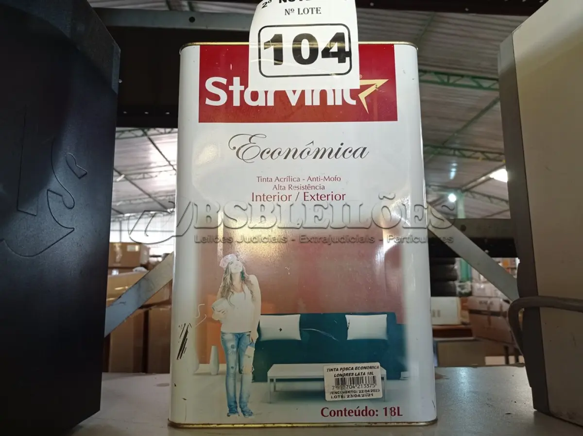 LOTE 104 - 01 LATA DE TINTA STAR VINIL 18L FOSCA ECONÔMICA LONDRES. (NO ESTADO) ATENÇÃO! FAZER A VISITAÇÃO ANTES DE ARREMATAR, NÃO SABEMOS SE FUNCIONA. LEILÃO NÃO TEM GARANTIA E NEM DEVOLUÇÃO, SUJEITO A POSSÍVEIS AVARIAS VISÍVEIS/OCULTAS E/OU AUSÊNCIA DE COMPONENTES.