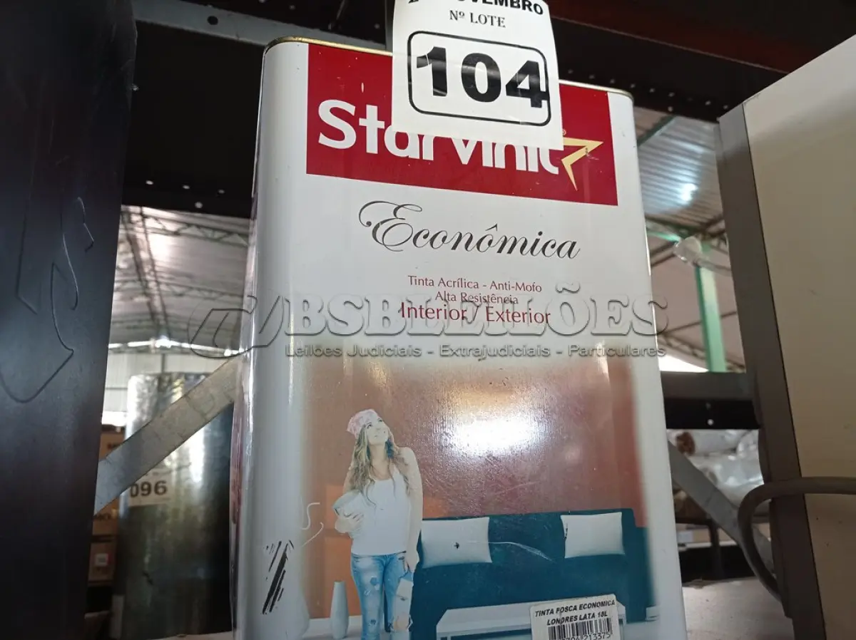 LOTE 104 - 01 LATA DE TINTA STAR VINIL 18L FOSCA ECONÔMICA LONDRES. (NO ESTADO) ATENÇÃO! FAZER A VISITAÇÃO ANTES DE ARREMATAR, NÃO SABEMOS SE FUNCIONA. LEILÃO NÃO TEM GARANTIA E NEM DEVOLUÇÃO, SUJEITO A POSSÍVEIS AVARIAS VISÍVEIS/OCULTAS E/OU AUSÊNCIA DE COMPONENTES.