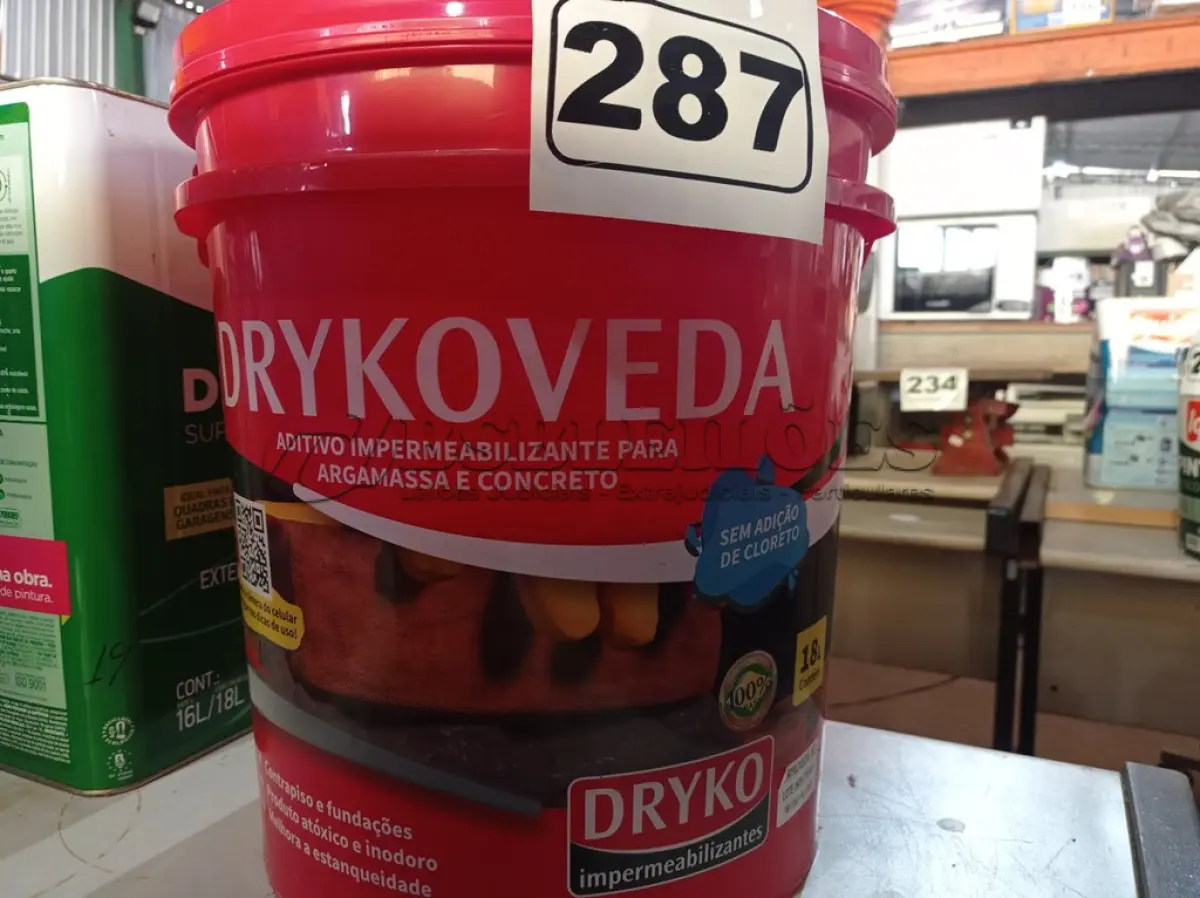 LOTE 287 - 01 BALDE DE DRYKOVEDA, ADITIVO IMPERMEABILIZANTE PARA ARGAMASSA E CONCRETO. (NO ESTADO) ATENÇÃO! FAZER A VISITAÇÃO ANTES DE ARREMATAR, NÃO SABEMOS SE FUNCIONA. LEILÃO NÃO TEM GARANTIA E NEM DEVOLUÇÃO, SUJEITO A POSSÍVEIS AVARIAS VISÍVEIS/OCULTAS E/OU AUSÊNCIA DE COMPONENTES.