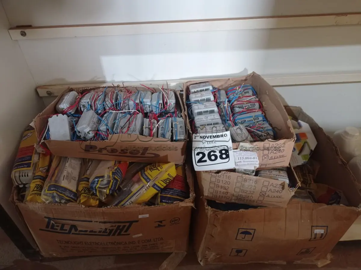 LOTE 268 - 01 LOTE COM VÁRIAS LUMINÁRIAS E REATORES PARA LÂMPADAS FLUORESCENTES MARCAS E MODELOS DIVERSOS. (NO ESTADO) ATENÇÃO! FAZER A VISITAÇÃO ANTES DE ARREMATAR, NÃO SABEMOS SE FUNCIONA. LEILÃO NÃO TEM GARANTIA E NEM DEVOLUÇÃO, SUJEITO A POSSÍVEIS AVARIAS VISÍVEIS/OCULTAS E/OU AUSÊNCIA DE COMPONENTES.