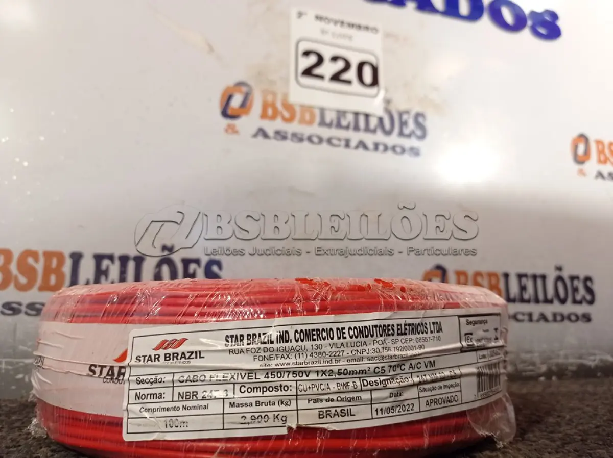 LOTE 220 - 01 ROLO DE CABO FLEXÍVEL 100M 1X2,5MM NA COR VERMELHA(NOVO). (NO ESTADO) ATENÇÃO! FAZER A VISITAÇÃO ANTES DE ARREMATAR, NÃO SABEMOS SE FUNCIONA. LEILÃO NÃO TEM GARANTIA E NEM DEVOLUÇÃO, SUJEITO A POSSÍVEIS AVARIAS VISÍVEIS/OCULTAS E/OU AUSÊNCIA DE COMPONENTES.