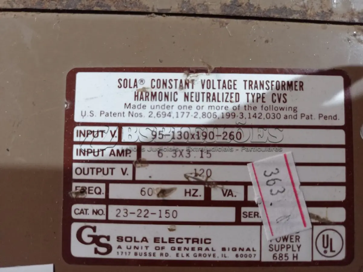 LOTE 461 - 01 TRANSFORMADOR DE TENSÃO CONSTANTE HARMÔNICO NEUTRALIZADO 500W. (NO ESTADO) ATENÇÃO! FAZER A VISITAÇÃO ANTES DE ARREMATAR, NÃO SABEMOS SE FUNCIONA. LEILÃO NÃO TEM GARANTIA E NEM DEVOLUÇÃO, SUJEITO A POSSÍVEIS AVARIAS VISÍVEIS/OCULTAS E/OU AUSÊNCIA DE COMPONENTES.