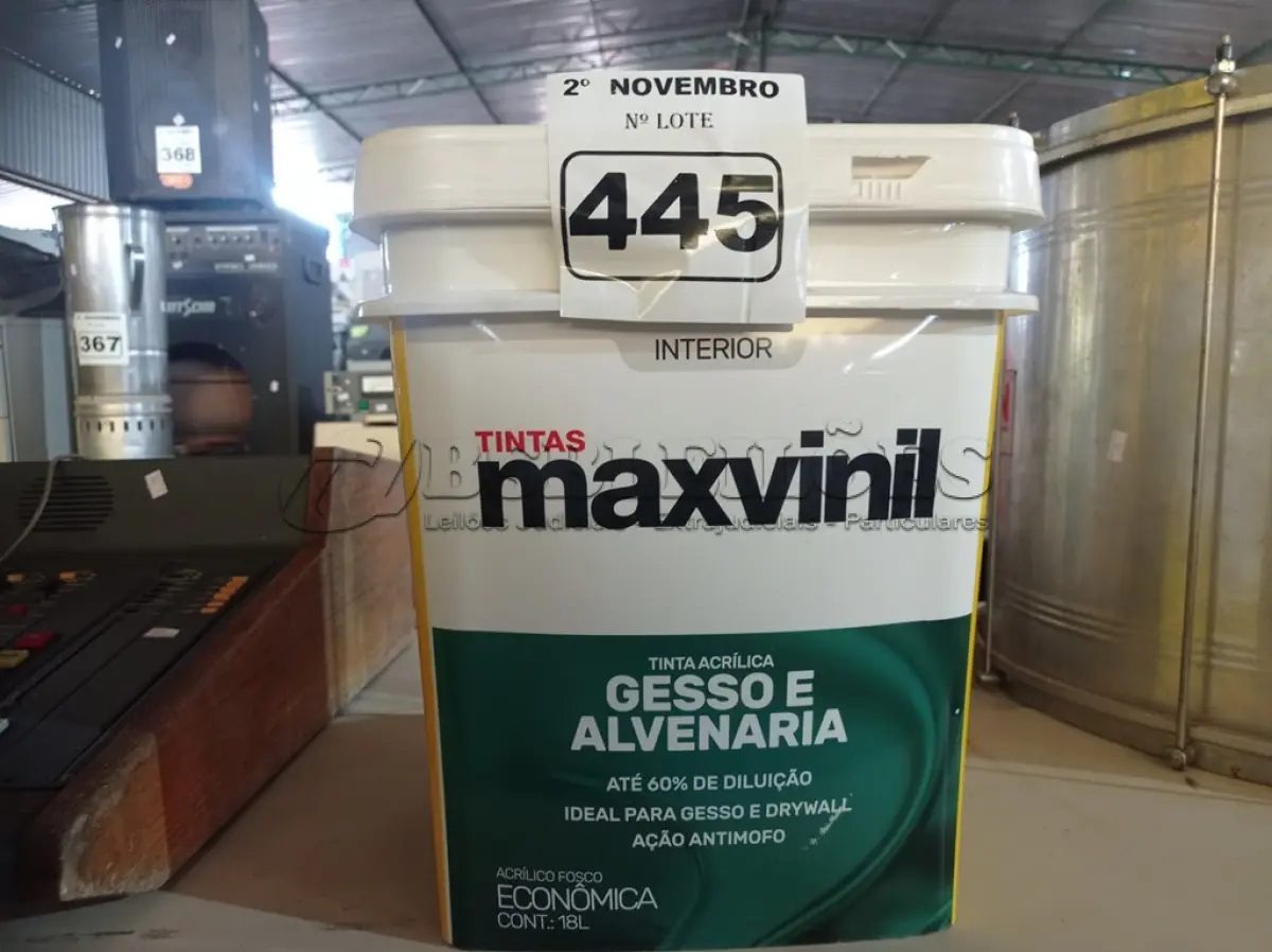 LOTE 445 - 01 BALDE DE TINTA MAXIVINIL ACRÍLICA FOSCO BRANCO NEVE. (NO ESTADO) ATENÇÃO! FAZER A VISITAÇÃO ANTES DE ARREMATAR, NÃO SABEMOS SE FUNCIONA. LEILÃO NÃO TEM GARANTIA E NEM DEVOLUÇÃO, SUJEITO A POSSÍVEIS AVARIAS VISÍVEIS/OCULTAS E/OU AUSÊNCIA DE COMPONENTES.