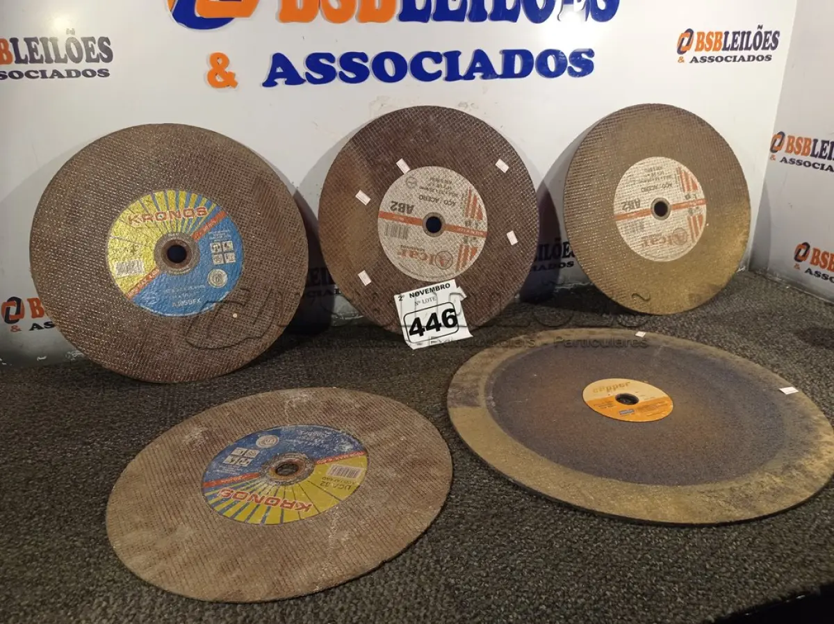 LOTE 446 - 05 DISCOS PARA SERRA DE BANCADA. (NO ESTADO) ATENÇÃO! FAZER A VISITAÇÃO ANTES DE ARREMATAR, NÃO SABEMOS SE FUNCIONA. LEILÃO NÃO TEM GARANTIA E NEM DEVOLUÇÃO, SUJEITO A POSSÍVEIS AVARIAS VISÍVEIS/OCULTAS E/OU AUSÊNCIA DE COMPONENTES.