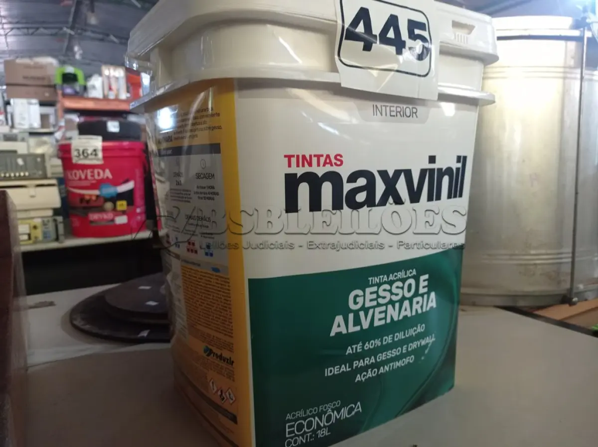 LOTE 445 - 01 BALDE DE TINTA MAXIVINIL ACRÍLICA FOSCO BRANCO NEVE. (NO ESTADO) ATENÇÃO! FAZER A VISITAÇÃO ANTES DE ARREMATAR, NÃO SABEMOS SE FUNCIONA. LEILÃO NÃO TEM GARANTIA E NEM DEVOLUÇÃO, SUJEITO A POSSÍVEIS AVARIAS VISÍVEIS/OCULTAS E/OU AUSÊNCIA DE COMPONENTES.
