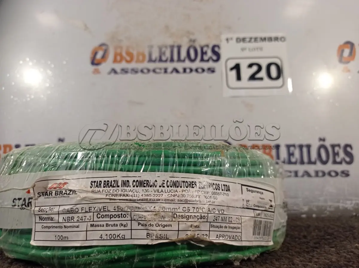 LOTE 120 - 01 ROLO DE CABO FLEXÍVEL 100M 1X4MM NA COR VERDE(NOVO). (NO ESTADO) ATENÇÃO! FAZER A VISITAÇÃO ANTES DE ARREMATAR, NÃO SABEMOS SE FUNCIONA. LEILÃO NÃO TEM GARANTIA E NEM DEVOLUÇÃO, SUJEITO A POSSÍVEIS AVARIAS VISÍVEIS/OCULTAS E/OU AUSÊNCIA DE COMPONENTES.