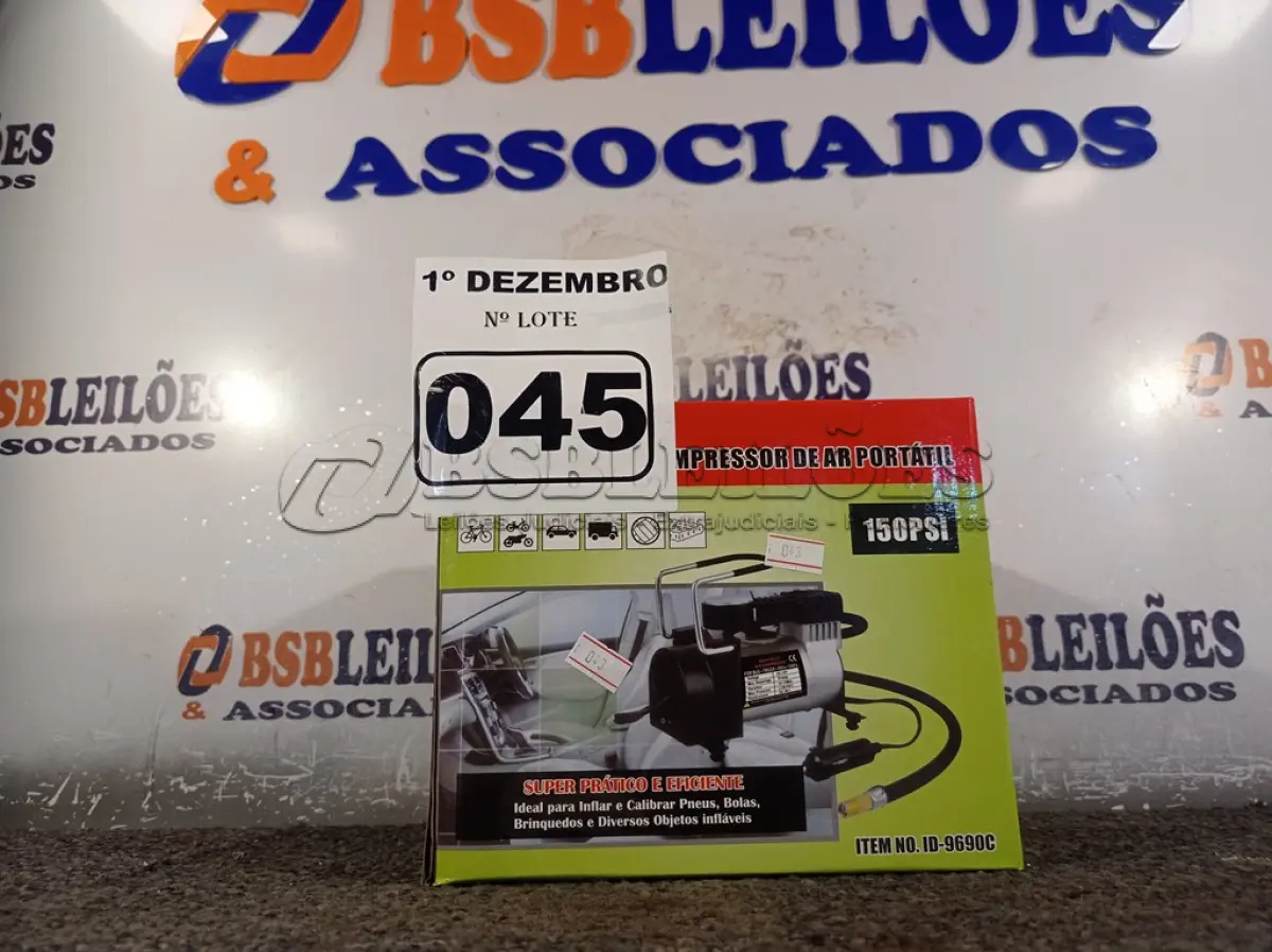 LOTE 045 - 01 COMPRESSOR DE AR PORTÁTIL 12V 150PSI. (NO ESTADO) ATENÇÃO! FAZER A VISITAÇÃO ANTES DE ARREMATAR, NÃO SABEMOS SE FUNCIONA. LEILÃO NÃO TEM GARANTIA E NEM DEVOLUÇÃO, SUJEITO A POSSÍVEIS AVARIAS VISÍVEIS/OCULTAS E/OU AUSÊNCIA DE COMPONENTES.