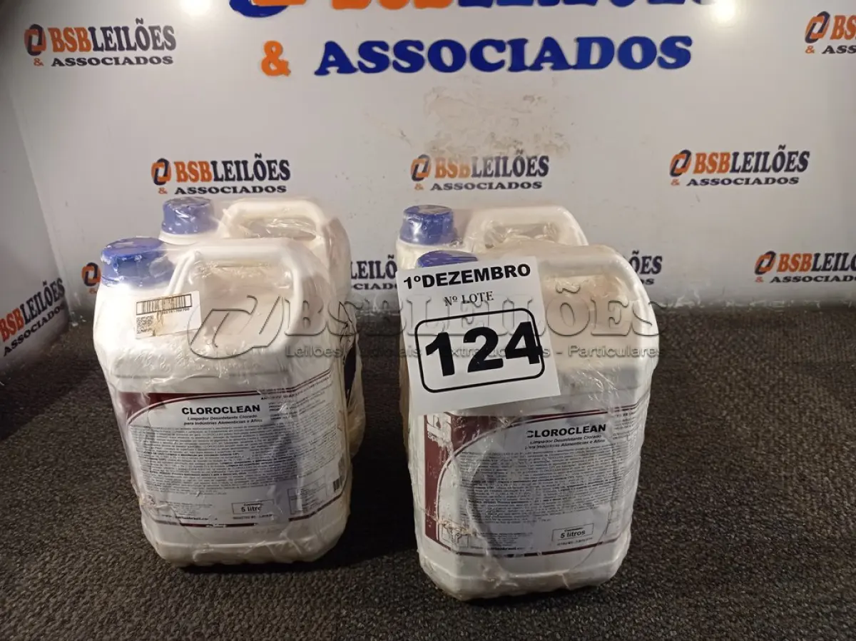 LOTE 124 - 20 LITROS DE CLOROCLEAN, LIMPADOR DESINFETANTE CLORADO PARA INDÚSTRIAS ALIMENTÍCIAS E AFINS.  (NO ESTADO) ATENÇÃO! FAZER A VISITAÇÃO ANTES DE ARREMATAR, NÃO SABEMOS SE FUNCIONA. LEILÃO NÃO TEM GARANTIA E NEM DEVOLUÇÃO, SUJEITO A POSSÍVEIS AVARIAS VISÍVEIS/OCULTAS E/OU AUSÊNCIA DE COMPONENTES.