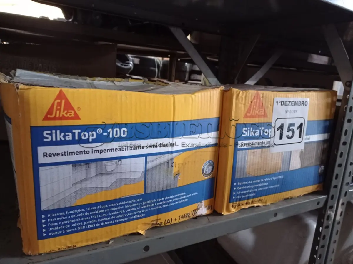 LOTE 151 - 02 CAIXAS DE REVESTIMENTO IMPERMEABILIZANTE SEMI-FLEXIVEL SIKA TOP 100 18KG. (NO ESTADO) ATENÇÃO! FAZER A VISITAÇÃO ANTES DE ARREMATAR, NÃO SABEMOS SE FUNCIONA. LEILÃO NÃO TEM GARANTIA E NEM DEVOLUÇÃO, SUJEITO A POSSÍVEIS AVARIAS VISÍVEIS/OCULTAS E/OU AUSÊNCIA DE COMPONENTES.