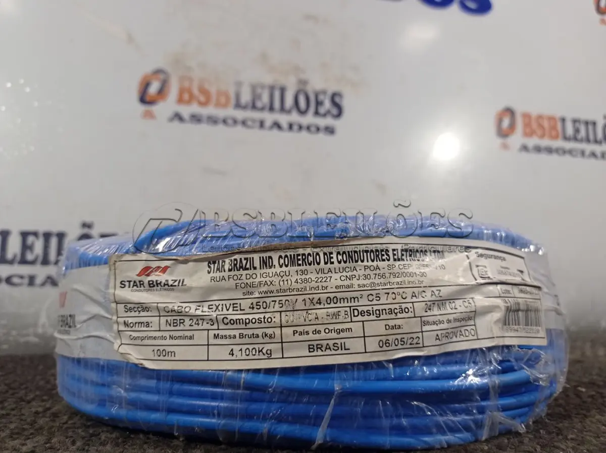 LOTE 060 - 01 ROLO DE CABO FLEXÍVEL 100M 1X4MM NA COR AZUL(NOVO). (NO ESTADO) ATENÇÃO! FAZER A VISITAÇÃO ANTES DE ARREMATAR, NÃO SABEMOS SE FUNCIONA. LEILÃO NÃO TEM GARANTIA E NEM DEVOLUÇÃO, SUJEITO A POSSÍVEIS AVARIAS VISÍVEIS/OCULTAS E/OU AUSÊNCIA DE COMPONENTES.