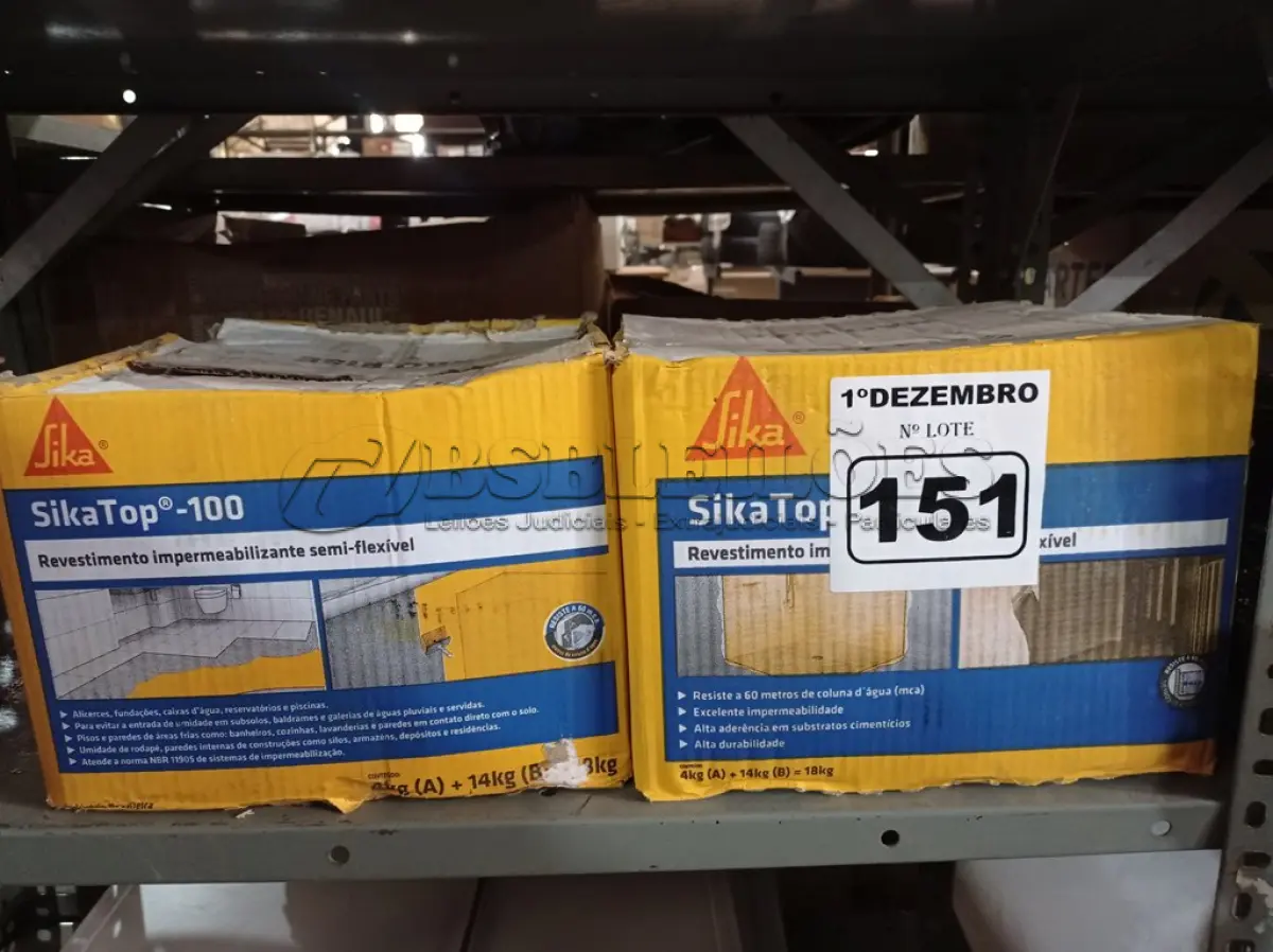 LOTE 151 - 02 CAIXAS DE REVESTIMENTO IMPERMEABILIZANTE SEMI-FLEXIVEL SIKA TOP 100 18KG. (NO ESTADO) ATENÇÃO! FAZER A VISITAÇÃO ANTES DE ARREMATAR, NÃO SABEMOS SE FUNCIONA. LEILÃO NÃO TEM GARANTIA E NEM DEVOLUÇÃO, SUJEITO A POSSÍVEIS AVARIAS VISÍVEIS/OCULTAS E/OU AUSÊNCIA DE COMPONENTES.