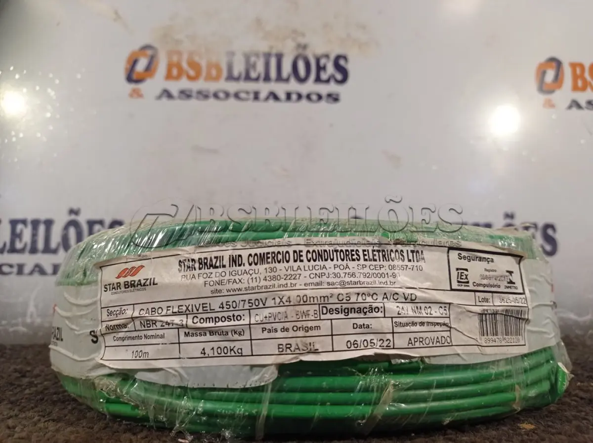 LOTE 210 - 01 ROLO DE CABO FLEXÍVEL 100M 1X4MM NA COR VERDE(NOVO). (NO ESTADO) ATENÇÃO! FAZER A VISITAÇÃO ANTES DE ARREMATAR, NÃO SABEMOS SE FUNCIONA. LEILÃO NÃO TEM GARANTIA E NEM DEVOLUÇÃO, SUJEITO A POSSÍVEIS AVARIAS VISÍVEIS/OCULTAS E/OU AUSÊNCIA DE COMPONENTES.