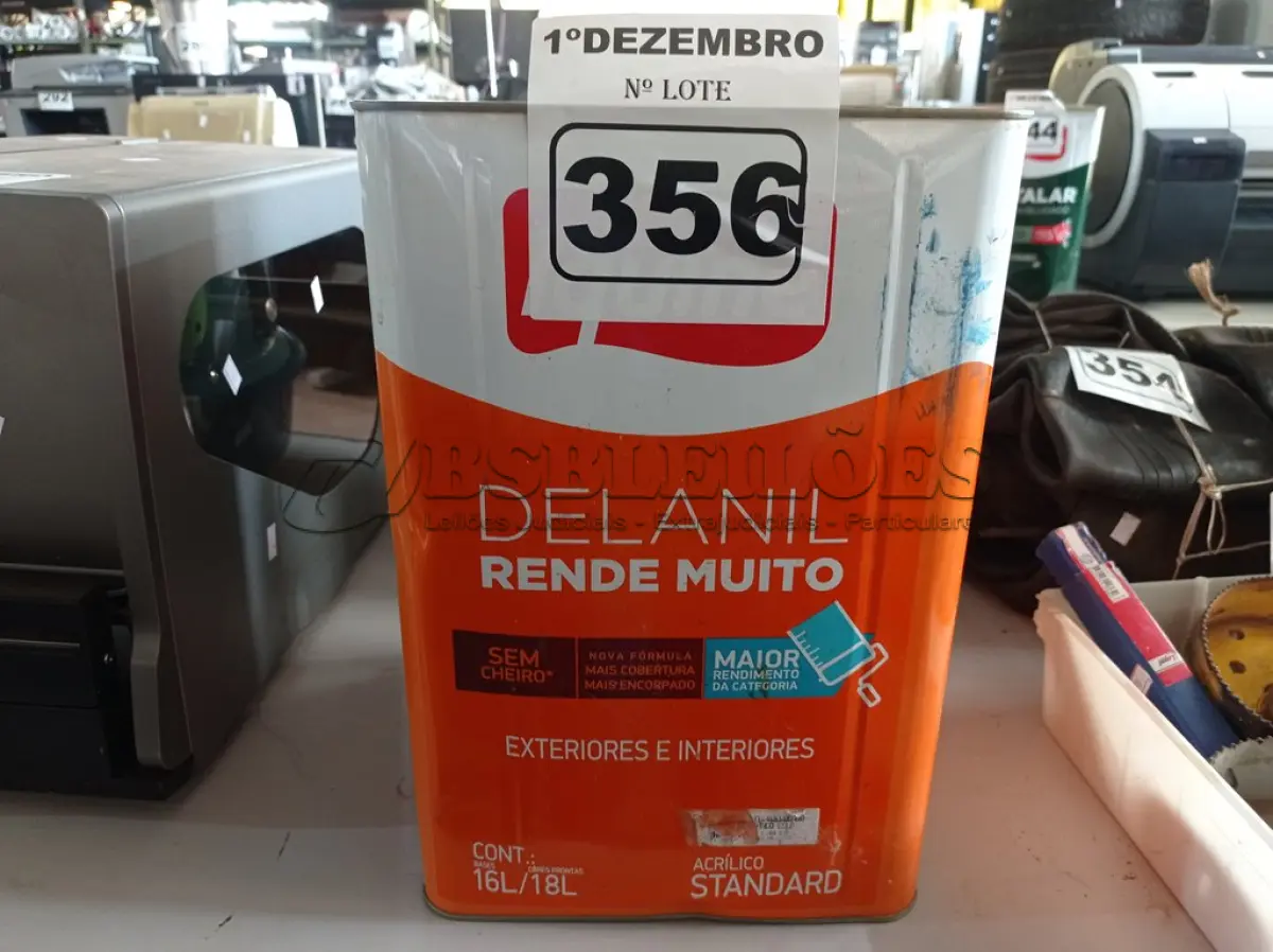 LOTE 356 - 01 LATA DE TINTA IQUINE DELANIL RENDE MUITO 18L FOSCO ACETINADO BRANCO GELO. (NO ESTADO) ATENÇÃO! FAZER A VISITAÇÃO ANTES DE ARREMATAR, NÃO SABEMOS SE FUNCIONA. LEILÃO NÃO TEM GARANTIA E NEM DEVOLUÇÃO, SUJEITO A POSSÍVEIS AVARIAS VISÍVEIS/OCULTAS E/OU AUSÊNCIA DE COMPONENTES.